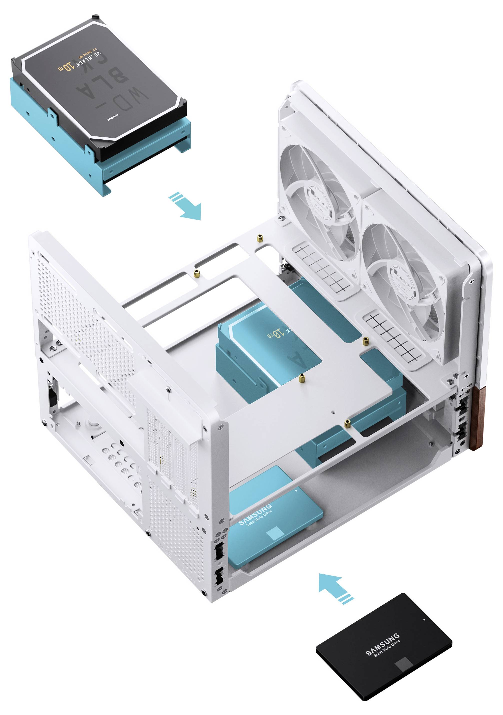 Explodierte Ansicht eines weißen Computergehäuses mit Darstellung der Platzierung von Speichergeräten und Kühlventilatoren. Pfeile zeigen die Installationsrichtung an.