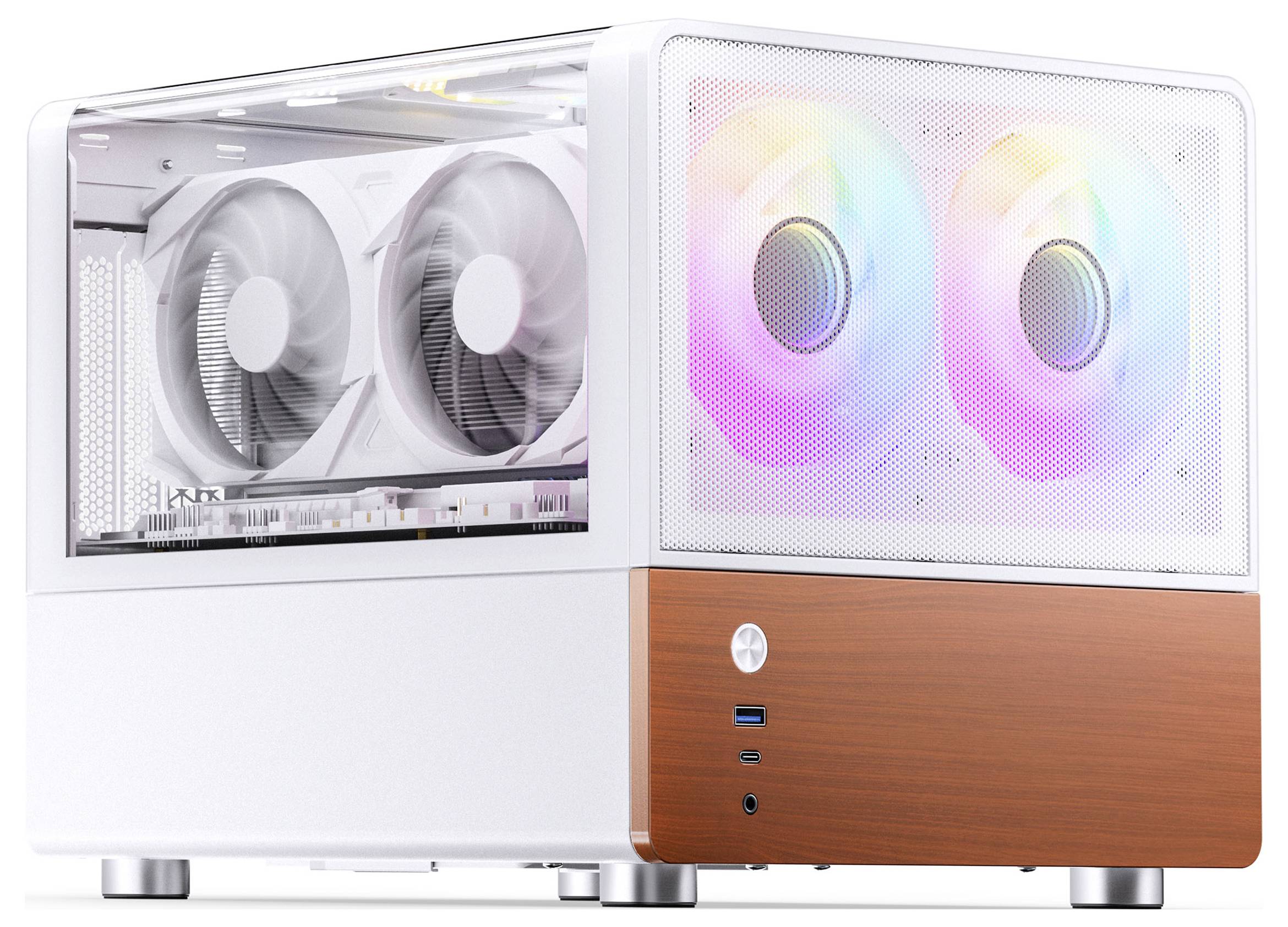 Ein weiß-braunes kompaktes Computergehäuse mit Mesh-Frontplatte, ausgestattet mit zwei großen, beleuchteten Lüftern mit farbenfroher RGB-Beleuchtung.