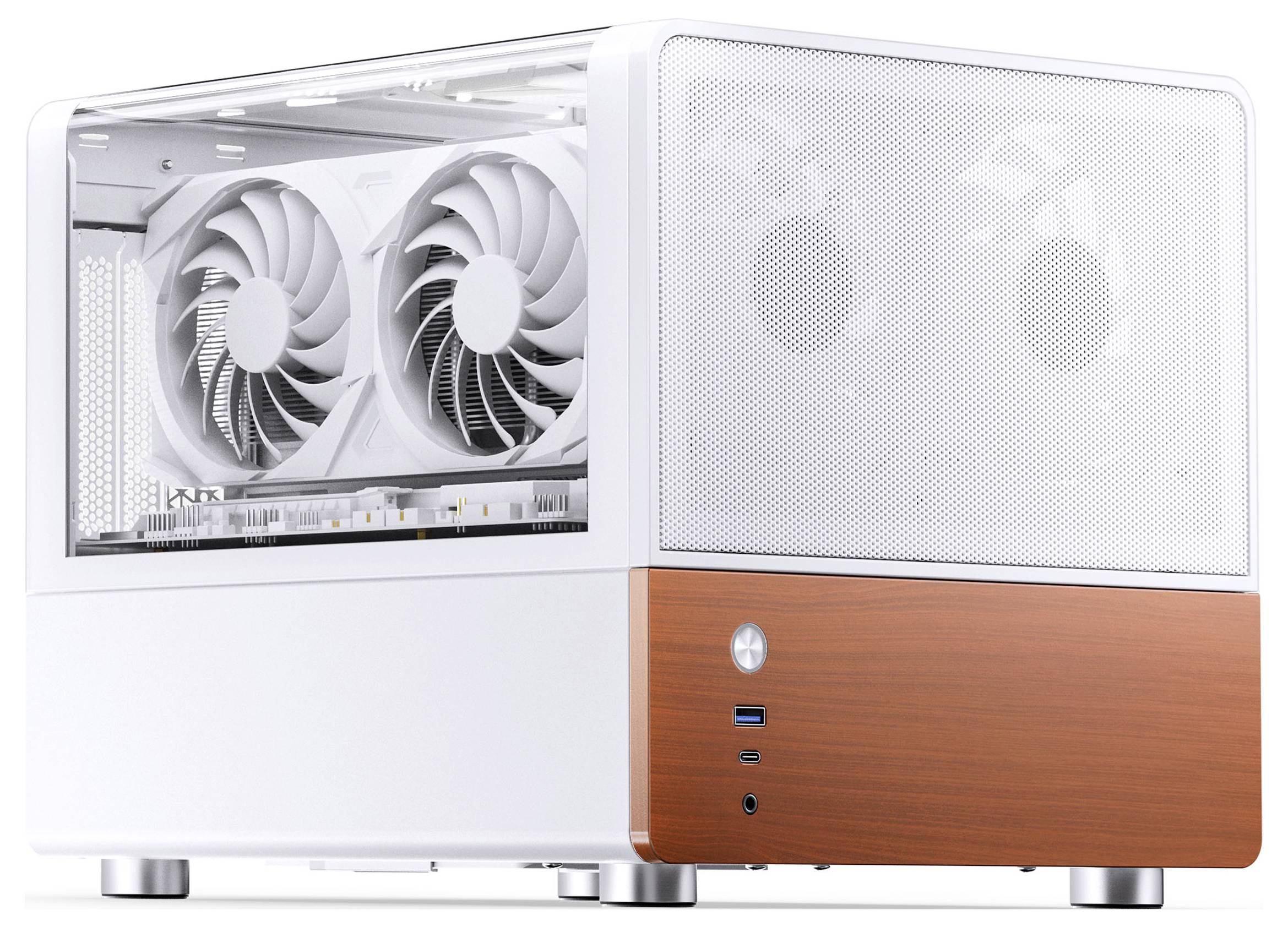 Ein kompaktes Desktop-Computergehäuse in Weiß und Holzmaserung mit transparentem Seitenpanel, das Kühlventilatoren und eine Grafikkarte im Inneren zur Schau stellt.