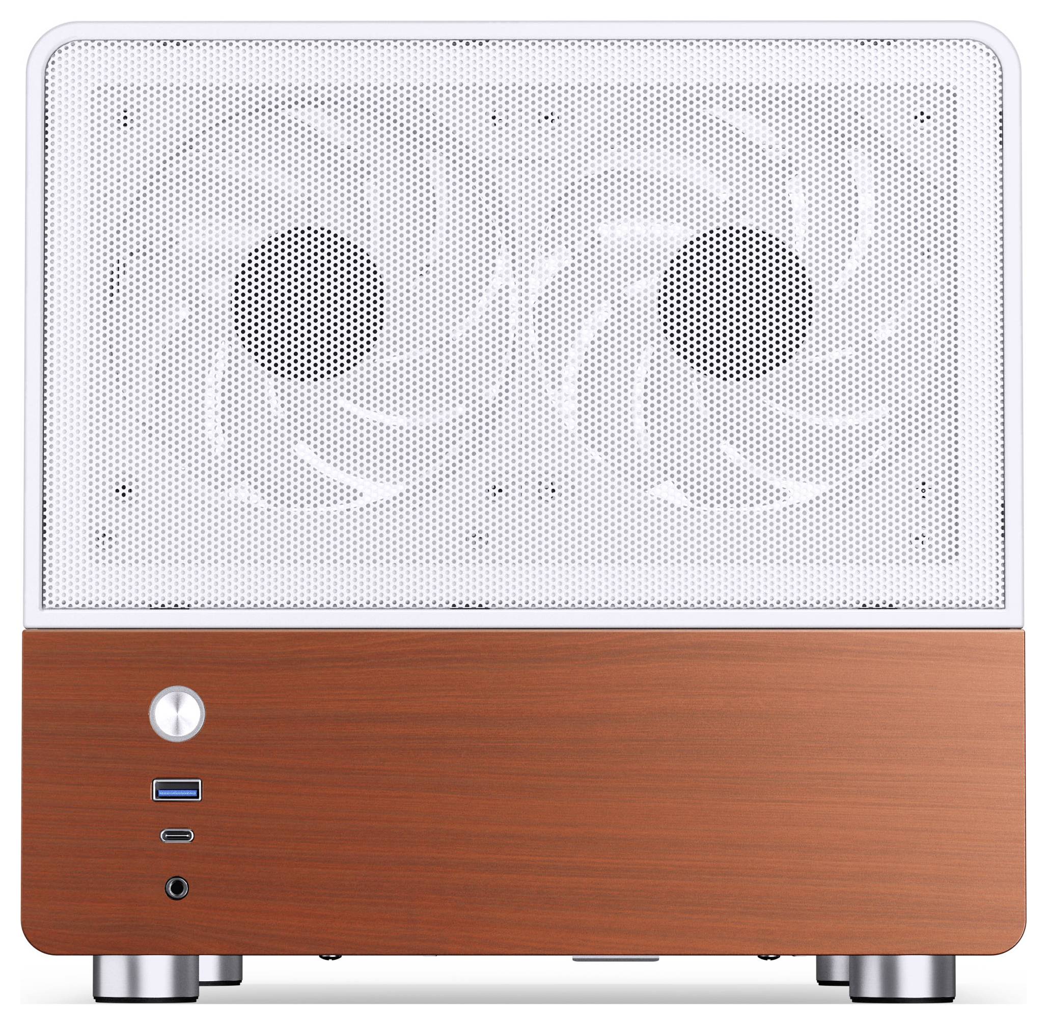 Ein kompaktes Desktop-Computergehäuse in Weiß und Holzoptik mit zwei sichtbaren Kühlventilatoren hinter einem perforierten Frontpanel.