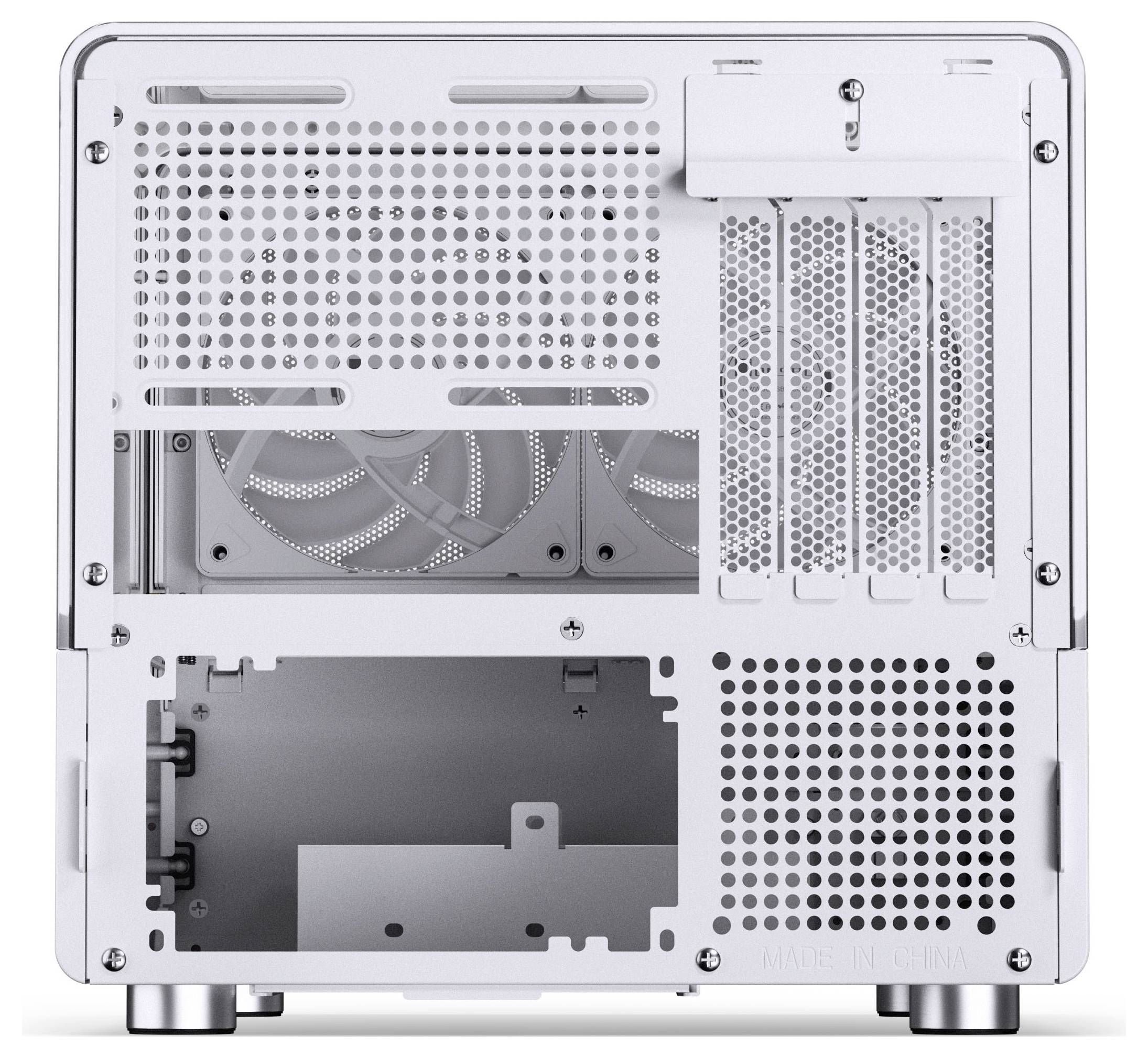 Das Bild zeigt die Rückansicht eines Computergehäuses mit mehreren Belüftungslöchern, Erweiterungssteckplätzen und einem Platz für ein Netzteil.