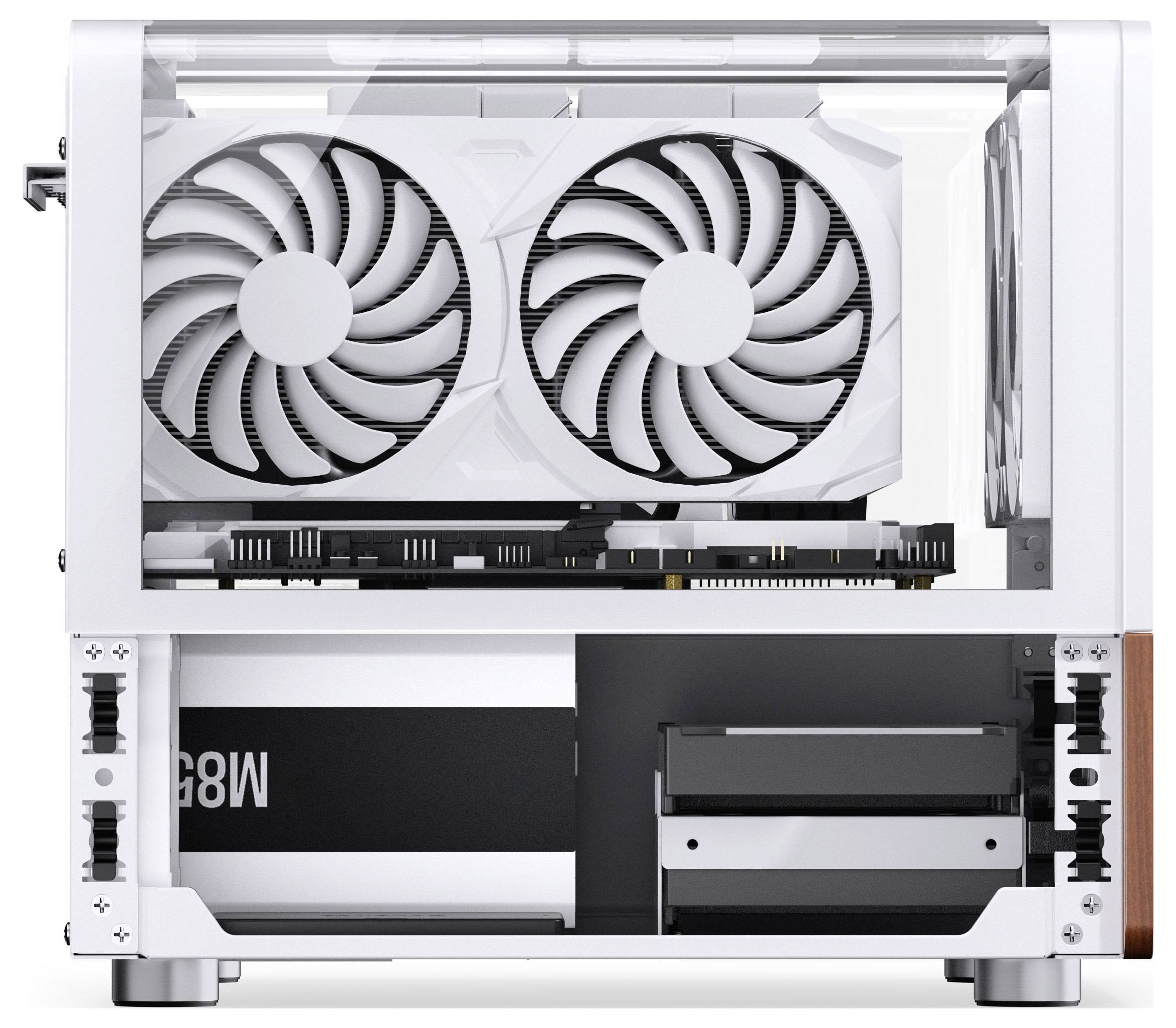 Ein sauberes, weißes Computergehäuse mit sichtbaren internen Komponenten, einschließlich einer Grafikkarte und Stromversorgung; Seitenansicht.