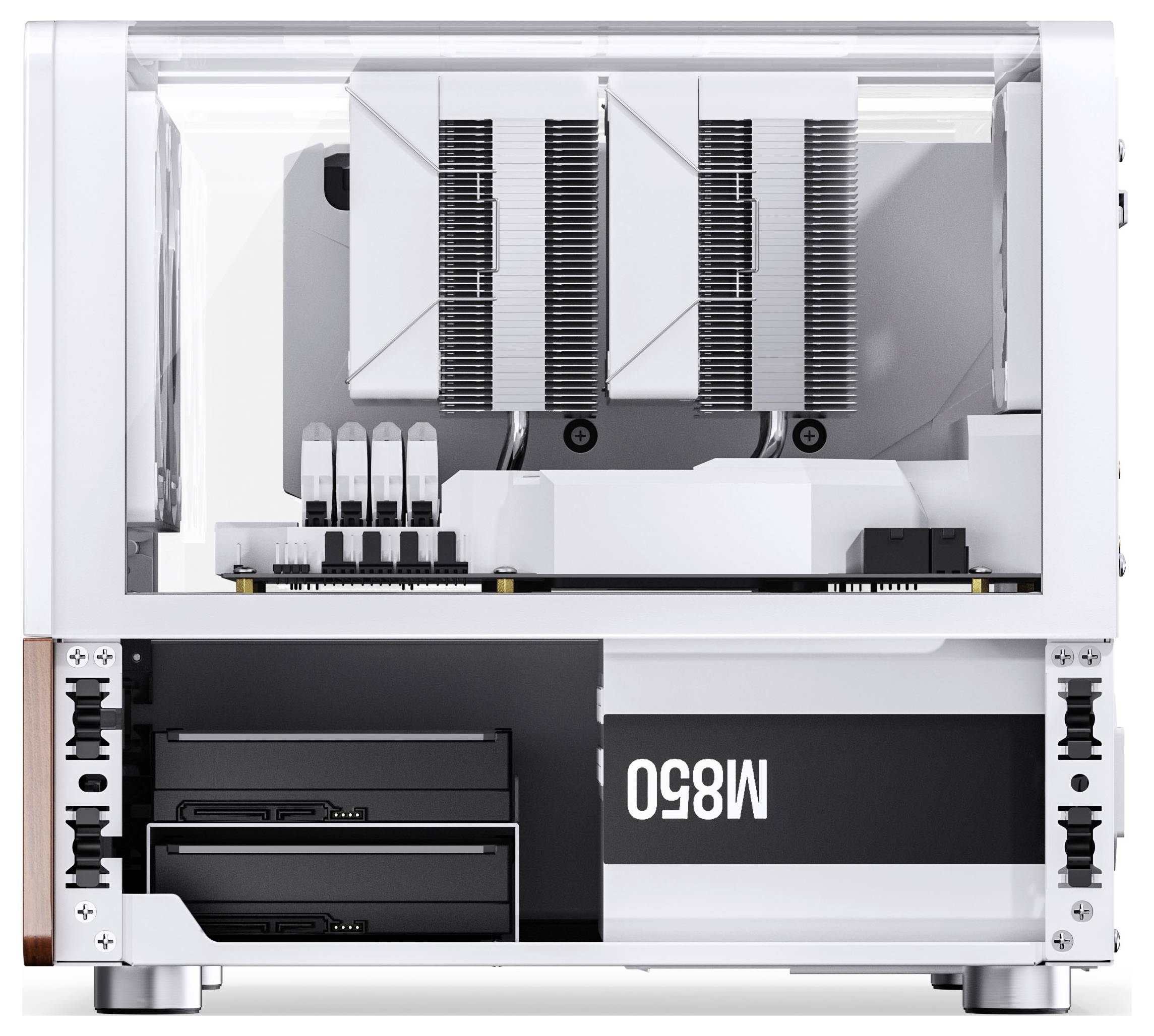 Eine weiße Computergehäuse-Seitenansicht zeigt interne Komponenten einschließlich Kühlventilatoren, Speicherschächte und ein elegantes M-ATX-Design.