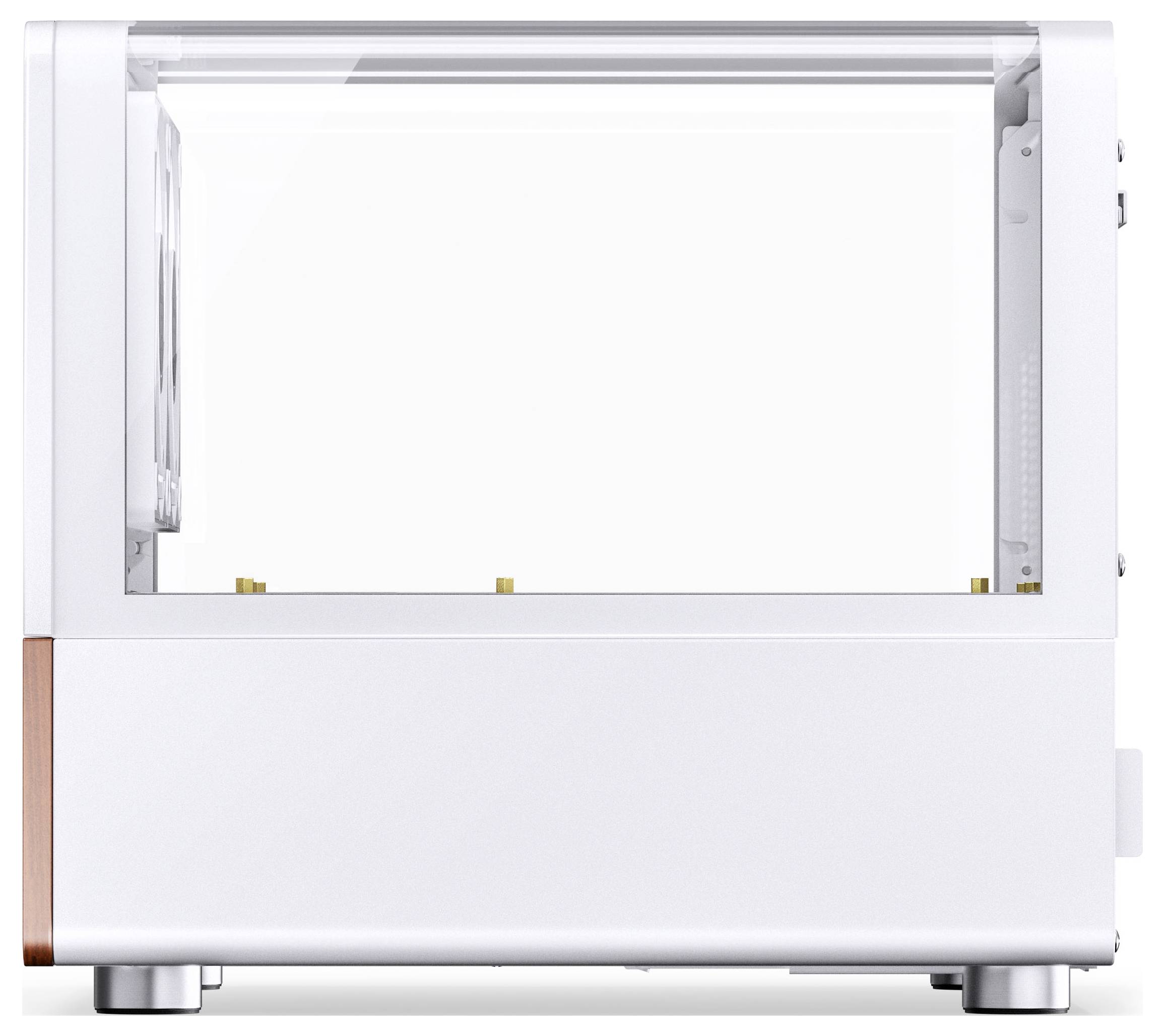 Kompaktes, weißes Computergehäuse mit transparentem Seitenpanel, das das leere Innere zur Hardwareinstallation präsentiert.