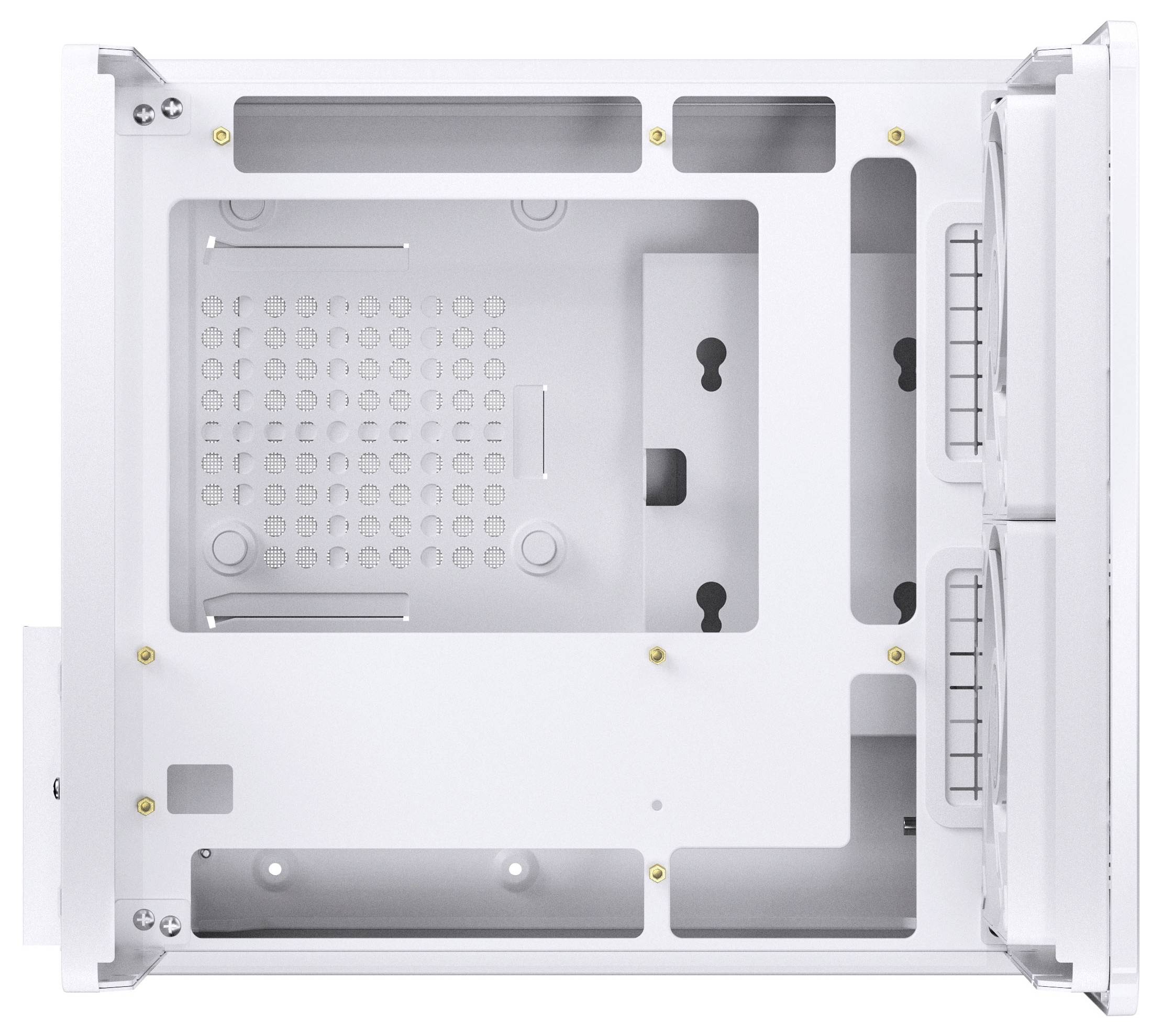 Ein weißes Computergehäuse-Inneres, das Montageklammern, Belüftungslöcher und Platz für Komponenten wie das Motherboard, das Netzteil und Laufwerke zeigt.