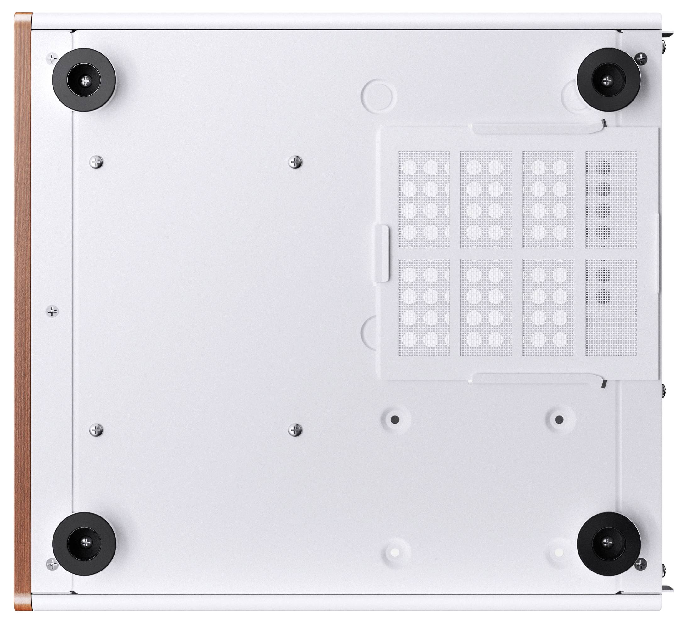 Das Bild zeigt die Unterseite eines weißen elektronischen Geräts mit vier runden Füßen, Belüftungsgittern und Schraubenbefestigungen.