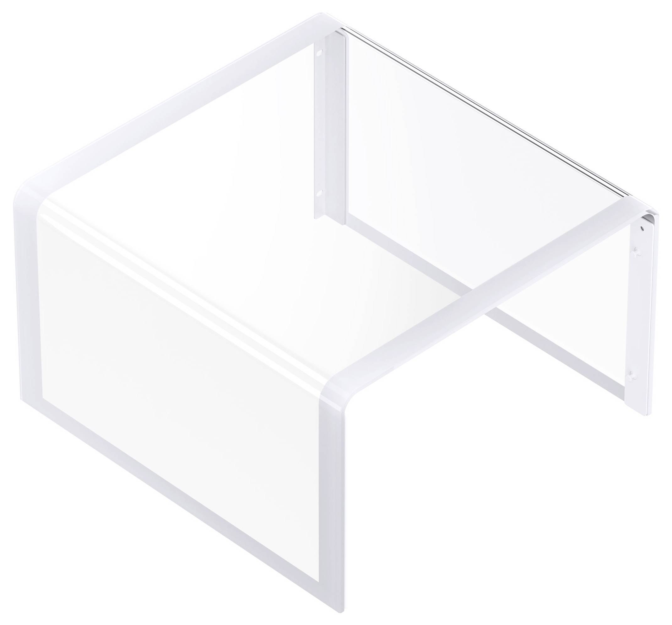 Transparente, L-förmige Trennwand mit abgerundeten Kanten, verwendet zum Erstellen separater Abschnitte auf einer Oberfläche.