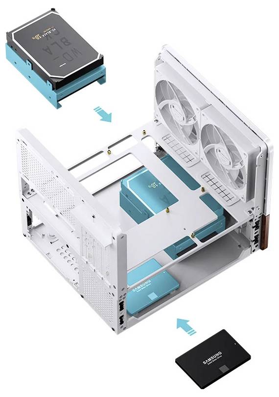 Anleitung zur Installation des Computergehäuses mit zwei Laufwerken, die über und unter dem Gehäuse positioniert sind. Pfeile zeigen an, wo die Laufwerke platziert werden sollen.