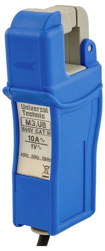 Ein blauer 'Universal Technic M3.UB' Zangenmessgerät, beschriftet mit '600V CAT III, 10A~', der zur Messung elektrischer Stromstärke verwendet wird, mit sichtbarem Kabel.