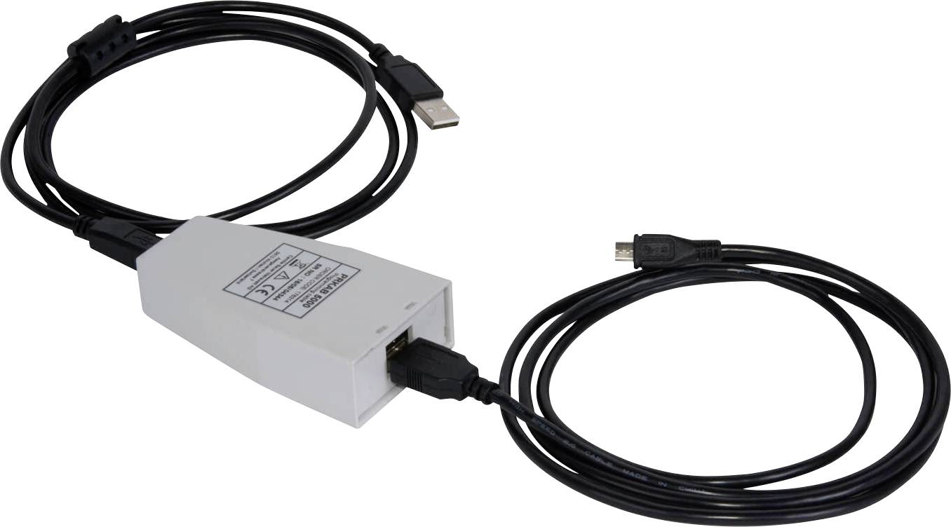 Ein schwarzes USB-Kabel ist mit einem weißen Adapter mit einem USB-Anschluss und einem weiteren von ihm ausgehenden Kabel verbunden.
