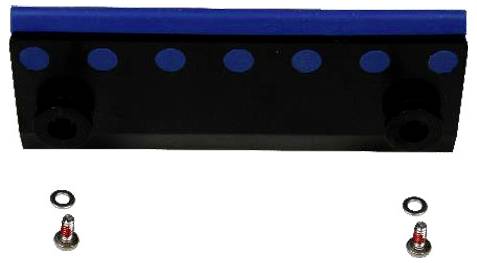 Eine schwarze Halterung mit zwei Endbolzen und einer blauen Kante, begleitet von zwei kleinen Schrauben und Unterlegscheiben, die darunter platziert sind.