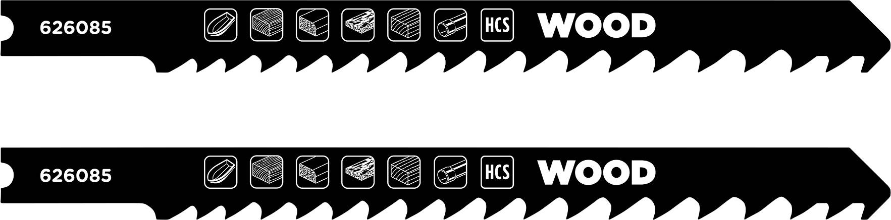 Two black wood-cutting jigsaw blades with icons indicating suitability for straight and curved cuts in wood and similar materials.