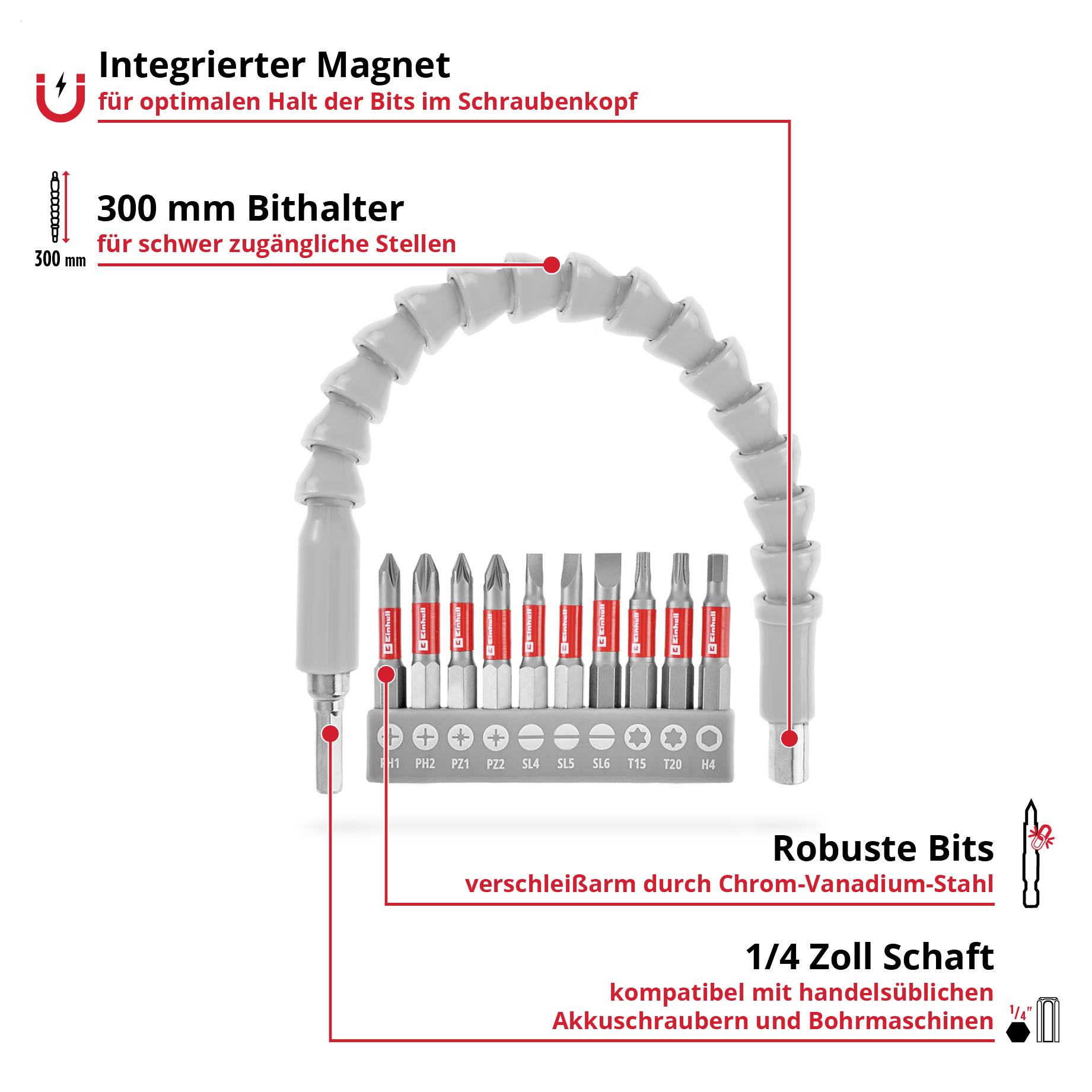 300 mm flexibler Bithalter für schwer zugängliche Stellen, inklusive Bits aus Chrom-Vanadium-Stahl, passend für Akkuschrauber.