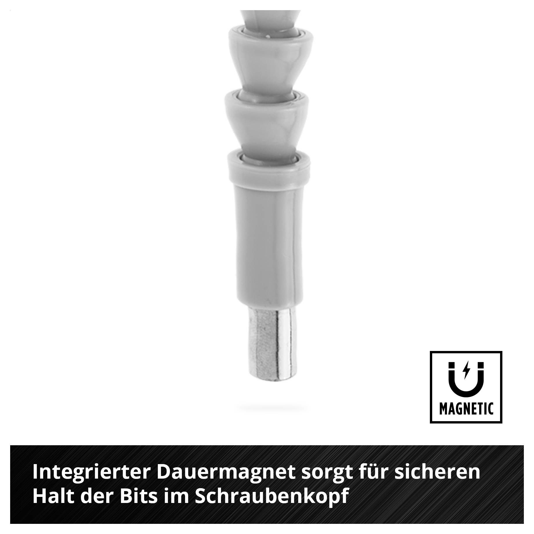 'Integrierter Dauermagnet sorgt für sicheren Halt der Bits im Schraubenkopf' ist neben einem grauen, magnetischen Bit-Halter abgebildet.