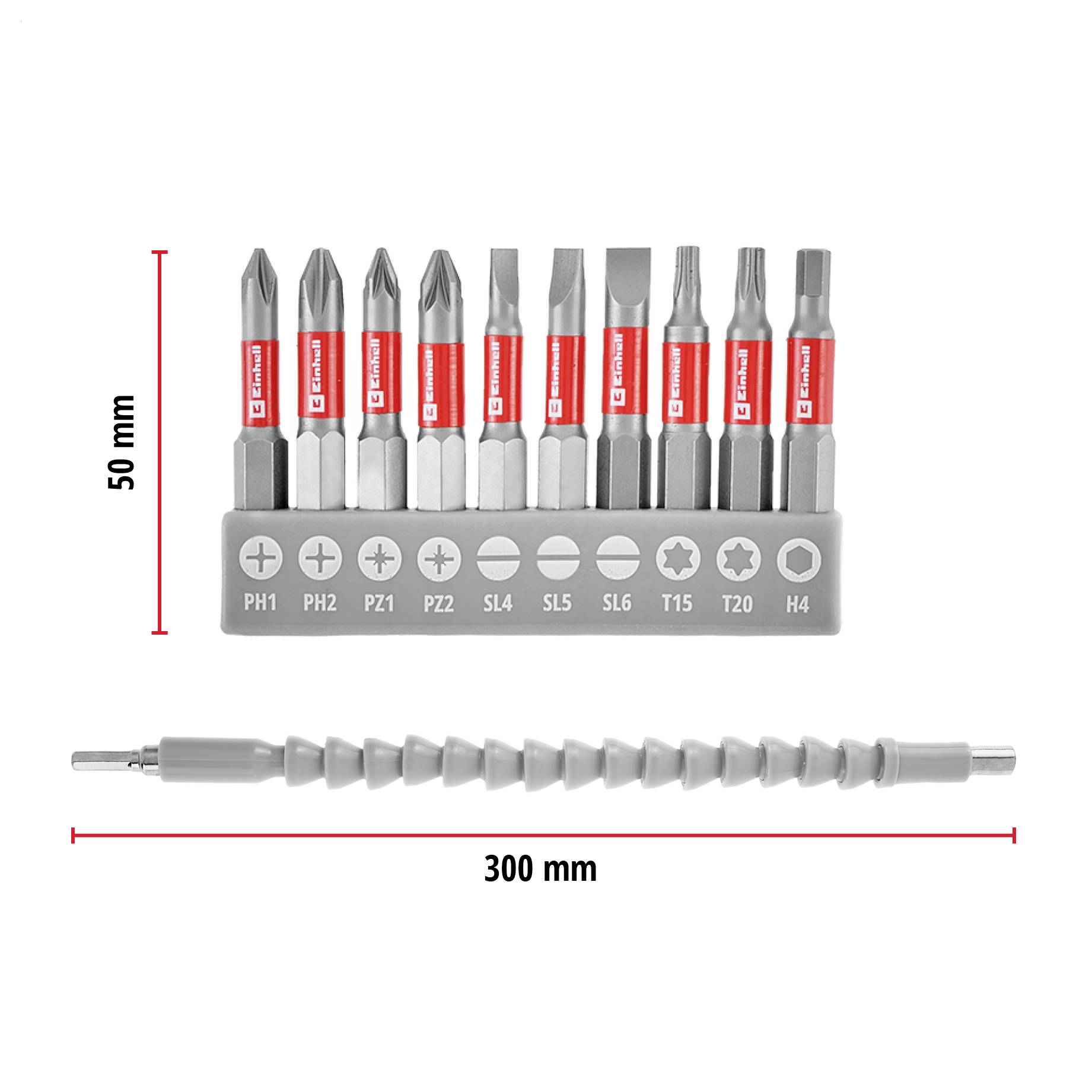 Ein Satz Schraubendreher-Bits in Halterung, darunter eine flexible Verlängerung. Messskala zeigt 50 mm Höhe und 300 mm Länge.