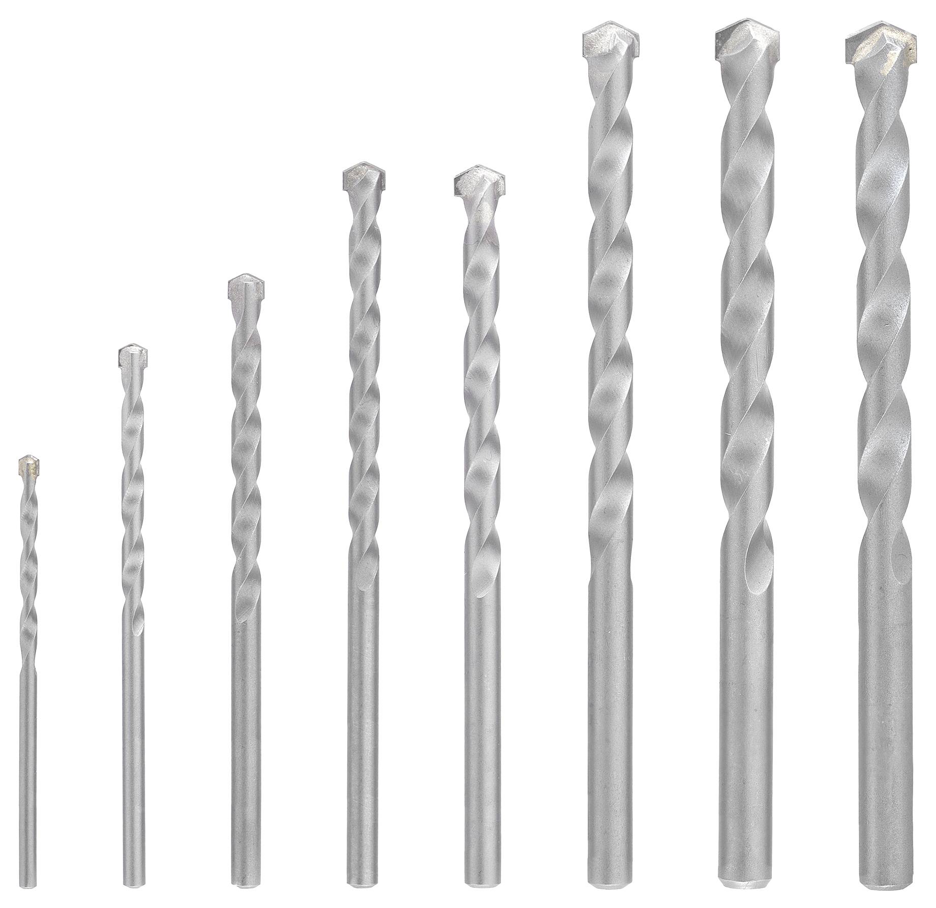 Silberbohrer in verschiedenen Größen, von klein bis groß, in aufsteigender Reihenfolge angeordnet, konzipiert für verschiedene Bohraufgaben.