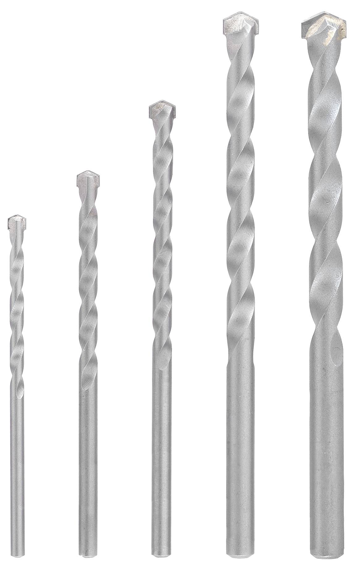 Fünf silberfarbene, spiralförmige Bohrer unterschiedlicher Längen sind vertikal von kürzestem zu längstem angeordnet und werden zum Bohren von Löchern verwendet.