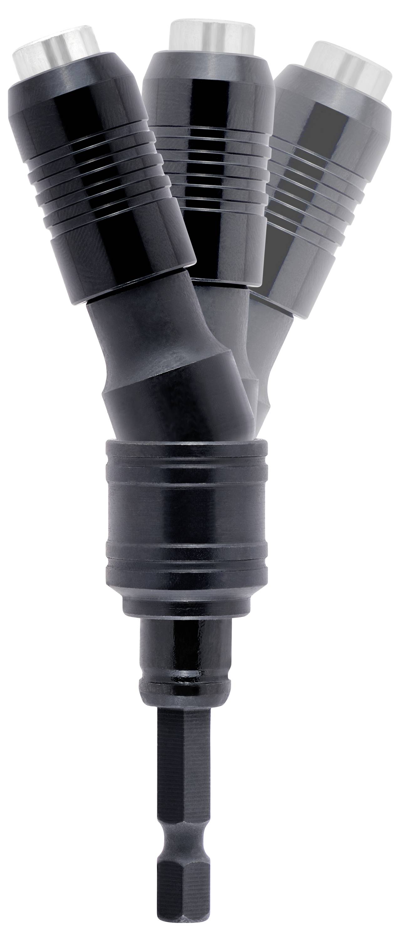 Ein schwarzer Bohrbitadapter, der in verschiedenen Winkeln biegbar ist und eine sechseckige Basis zur Befestigung an Elektrowerkzeugen aufweist.