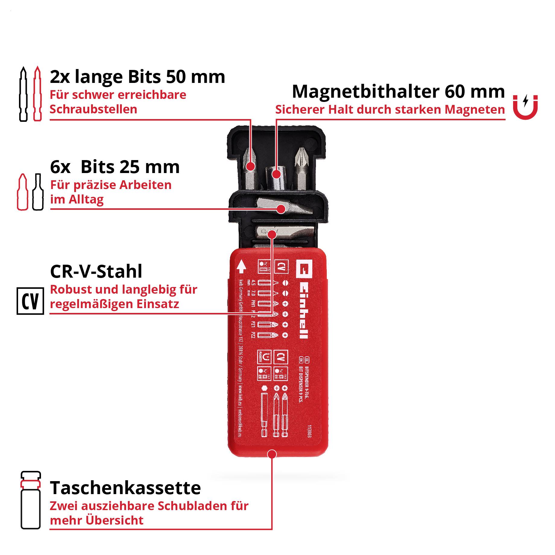 Taschenkassette mit zwei ausfahrbaren Schubladen für Übersicht. Enthält Magnetbithalter 60 mm, 2x Bits 50 mm, 6x Bits 25 mm aus robustem CR-V-Stahl.