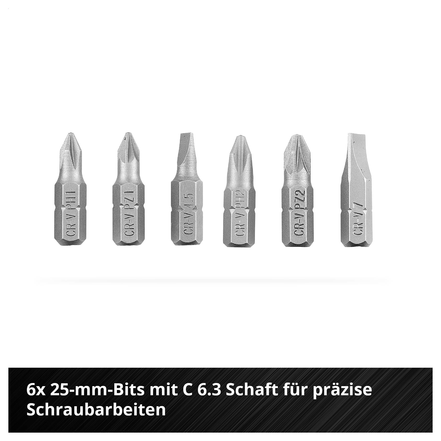 Sechs 25-mm-Bits mit C 6,3 Schaft auf weißem Hintergrund; für präzise Schraubarbeiten geeignet.