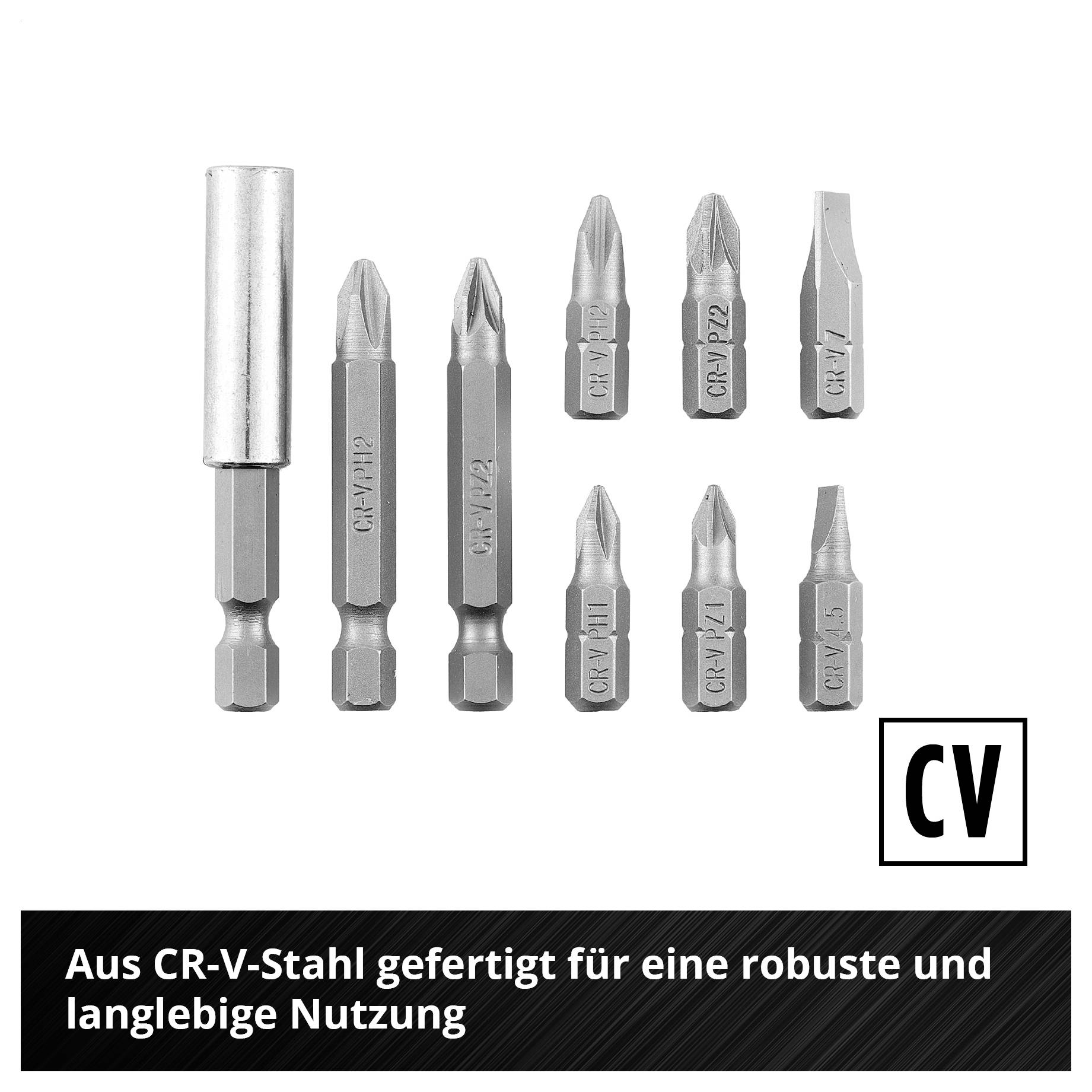 Ein Set aus zehn Schraubendreherbits aus CR-V-Stahl, das Haltbarkeit und Langlebigkeit bietet.