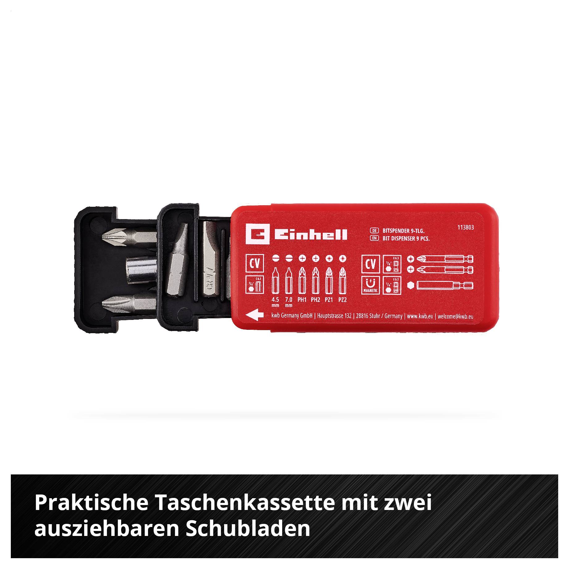 Eine kleine, rote Werkzeugkassette von Einhell mit zwei ausziehbaren Schubladen. Enthält verschiedene Schraubwerkzeuge.