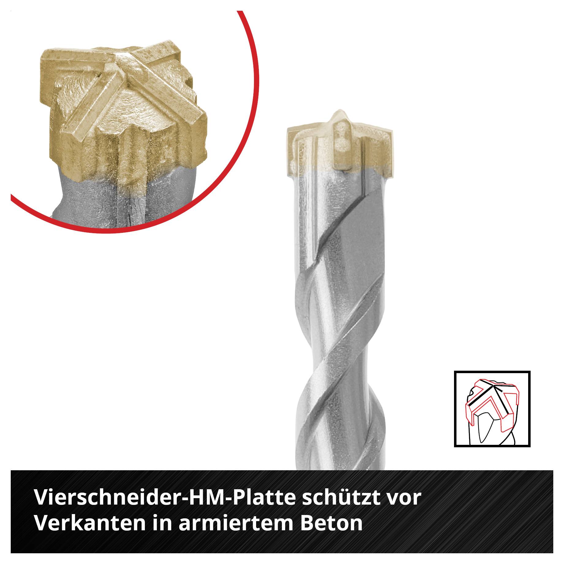 Ein Bohrer mit vier Schneider-Hartmetallplatte, speziell entwickelt zum Schutz vor Verkanten in armiertem Beton.