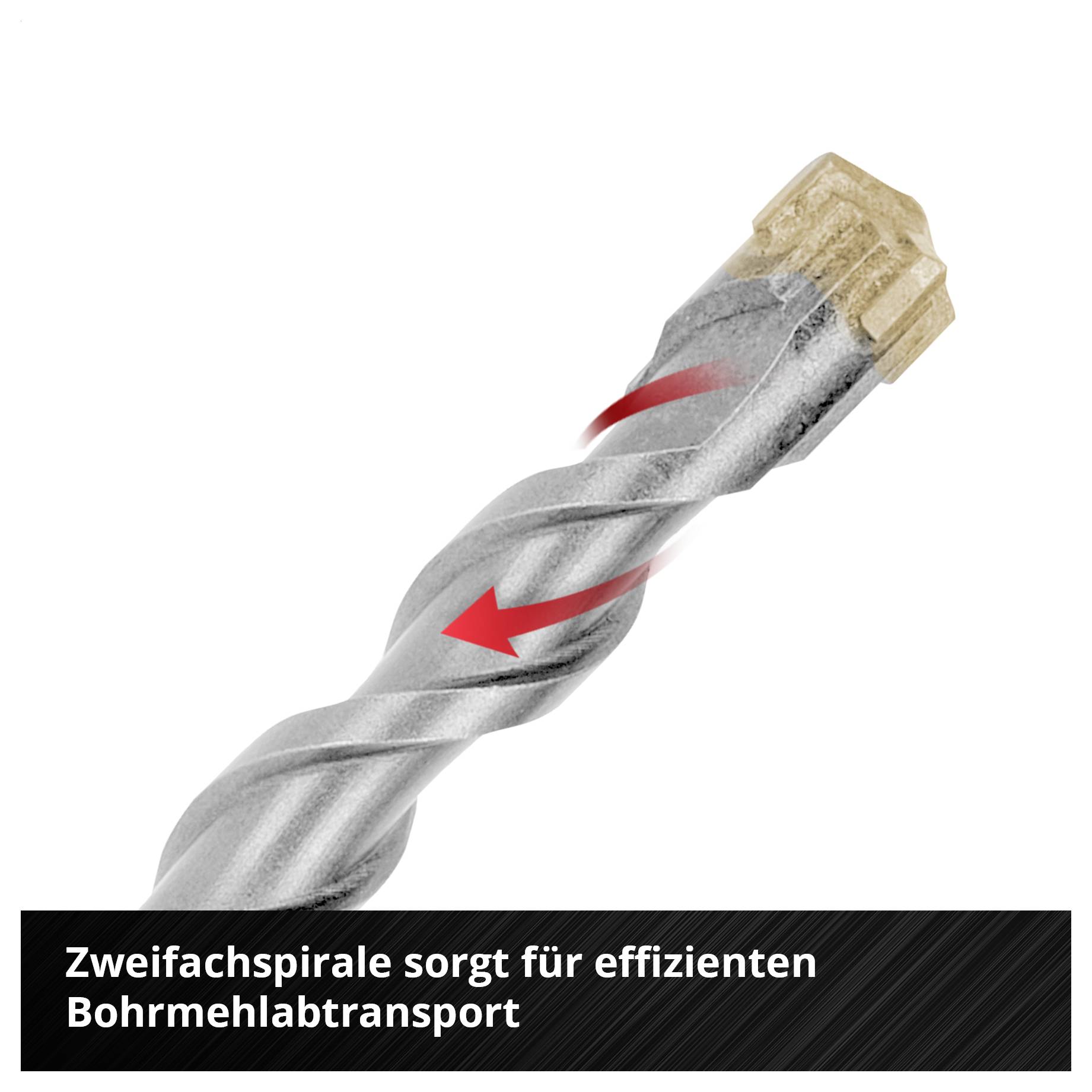 'Zweifachspirale sorgt für effizienten Bohrmehlabtransport.' Nahaufnahme eines Bohrers mit rotem Pfeil, der Drehrichtung zeigt.
