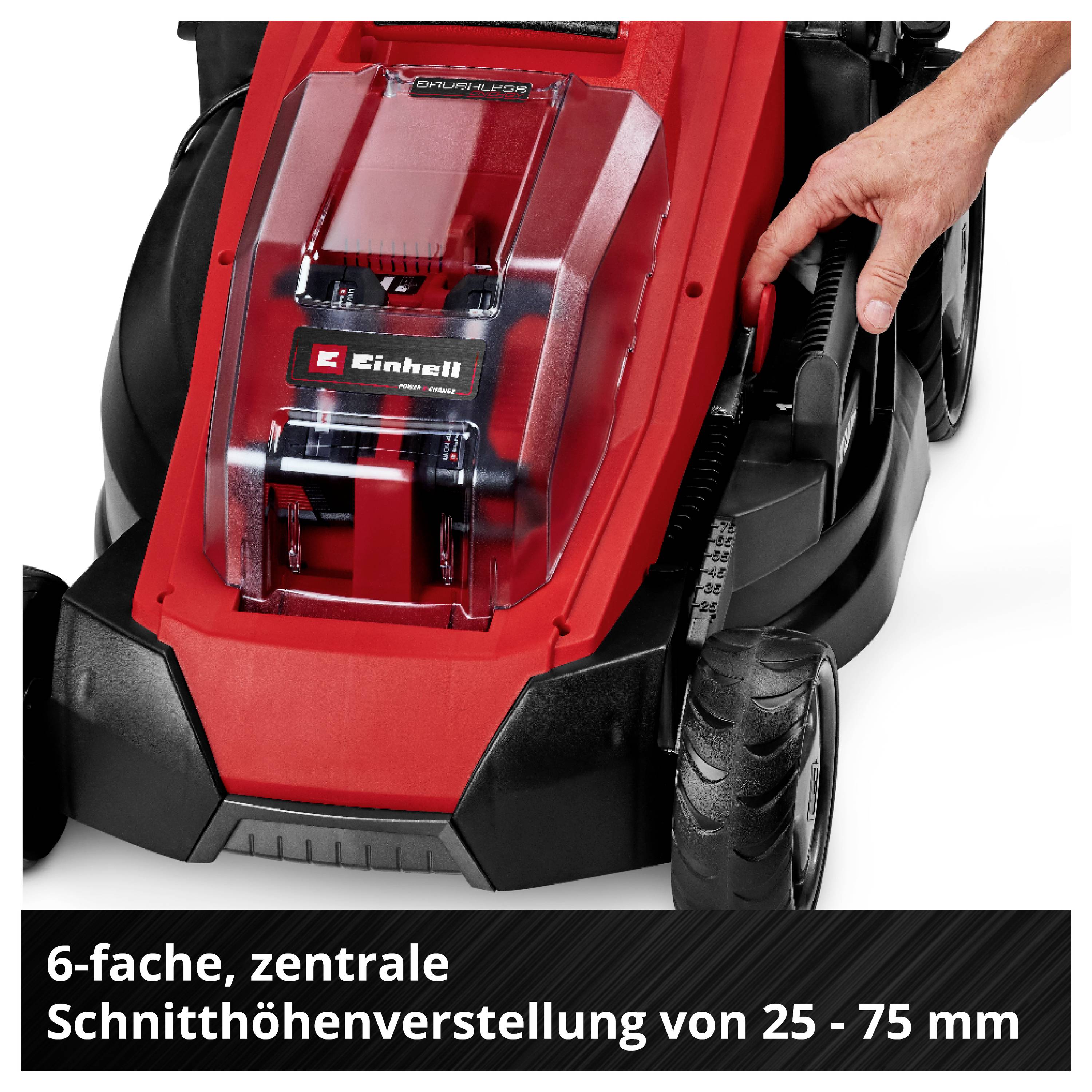 Roter Rasenmäher mit zentraler Schnitthöhenverstellung. Eine Hand bedient den Hebel. Text: '6-fache, zentrale Schnitthöhenverstellung von 25 - 75 mm'.