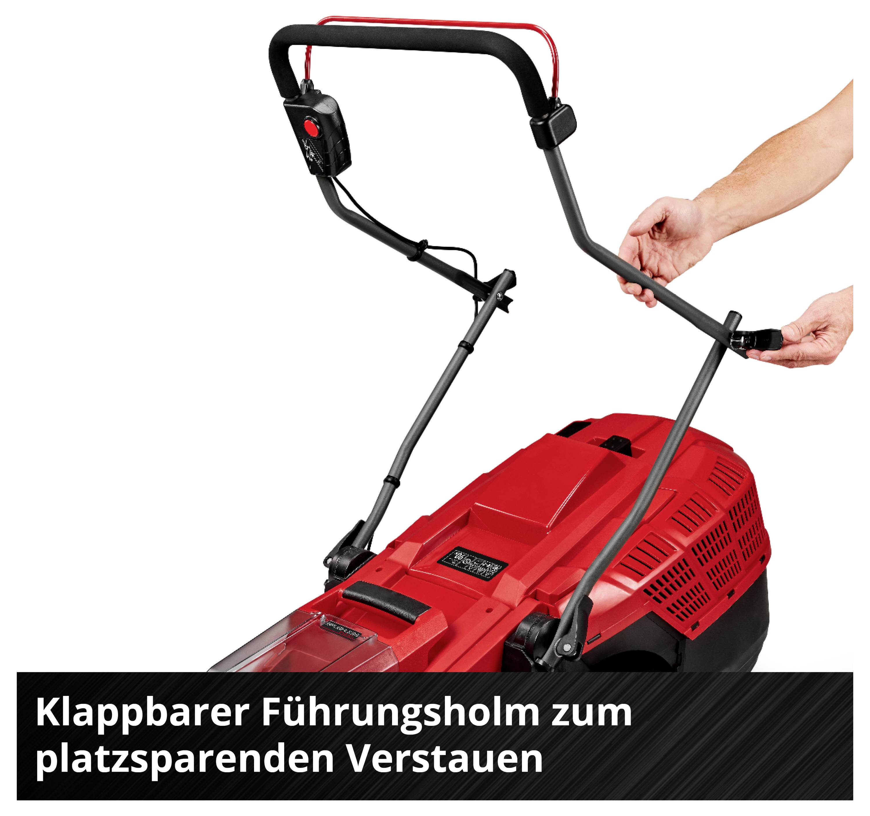 Roter Rasenmäher mit klappbarem Führungsholm. Zwei Hände klappen den Holm ein. Text: 'Klappbarer Führungsholm zum platzsparenden Verstauen'.