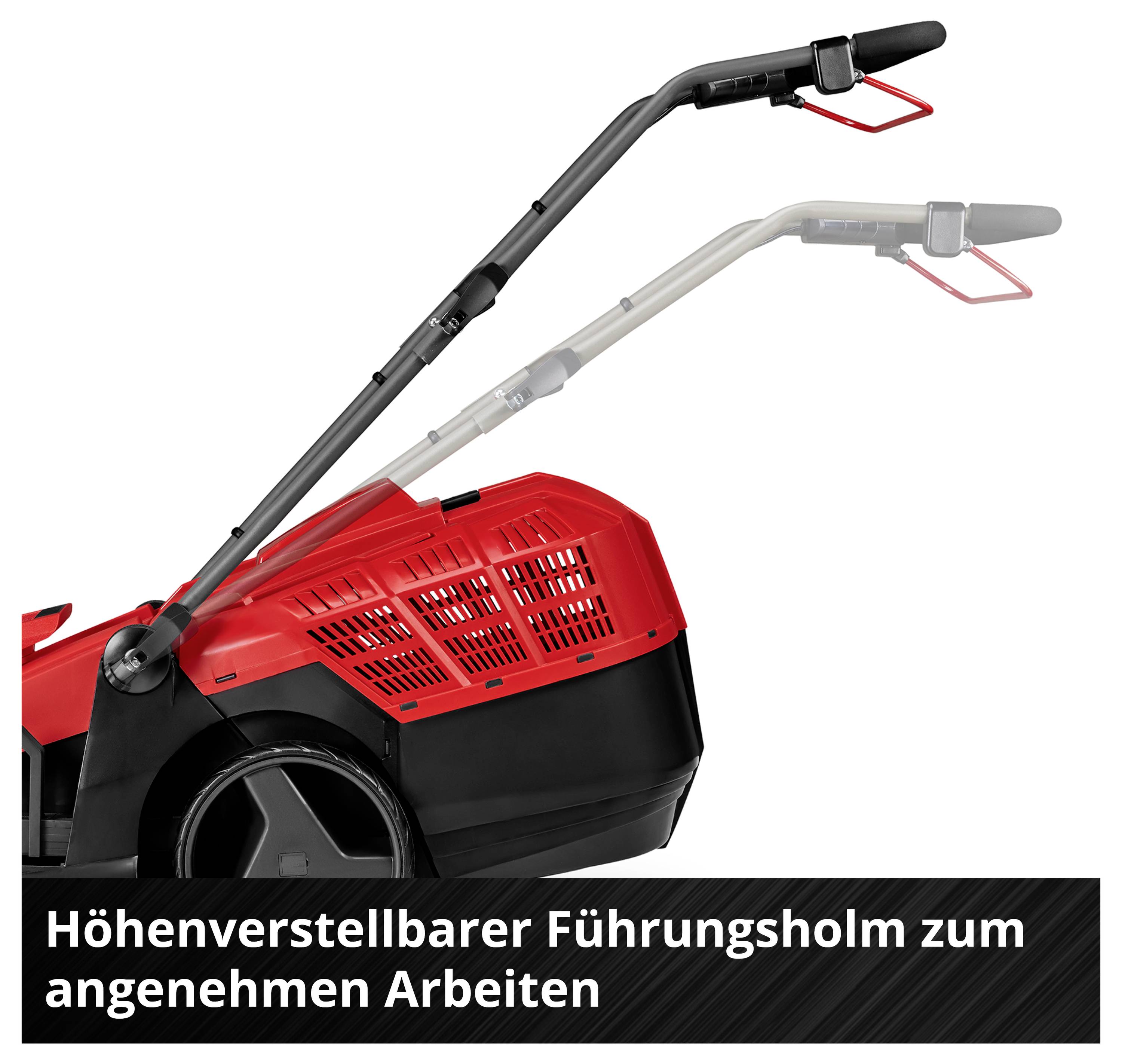 'Höhenverstellbarer Führungsholm zum angenehmen Arbeiten' ist zusammen mit einem Bild von einem schwarz-roten Rasenmähergriff zu sehen.