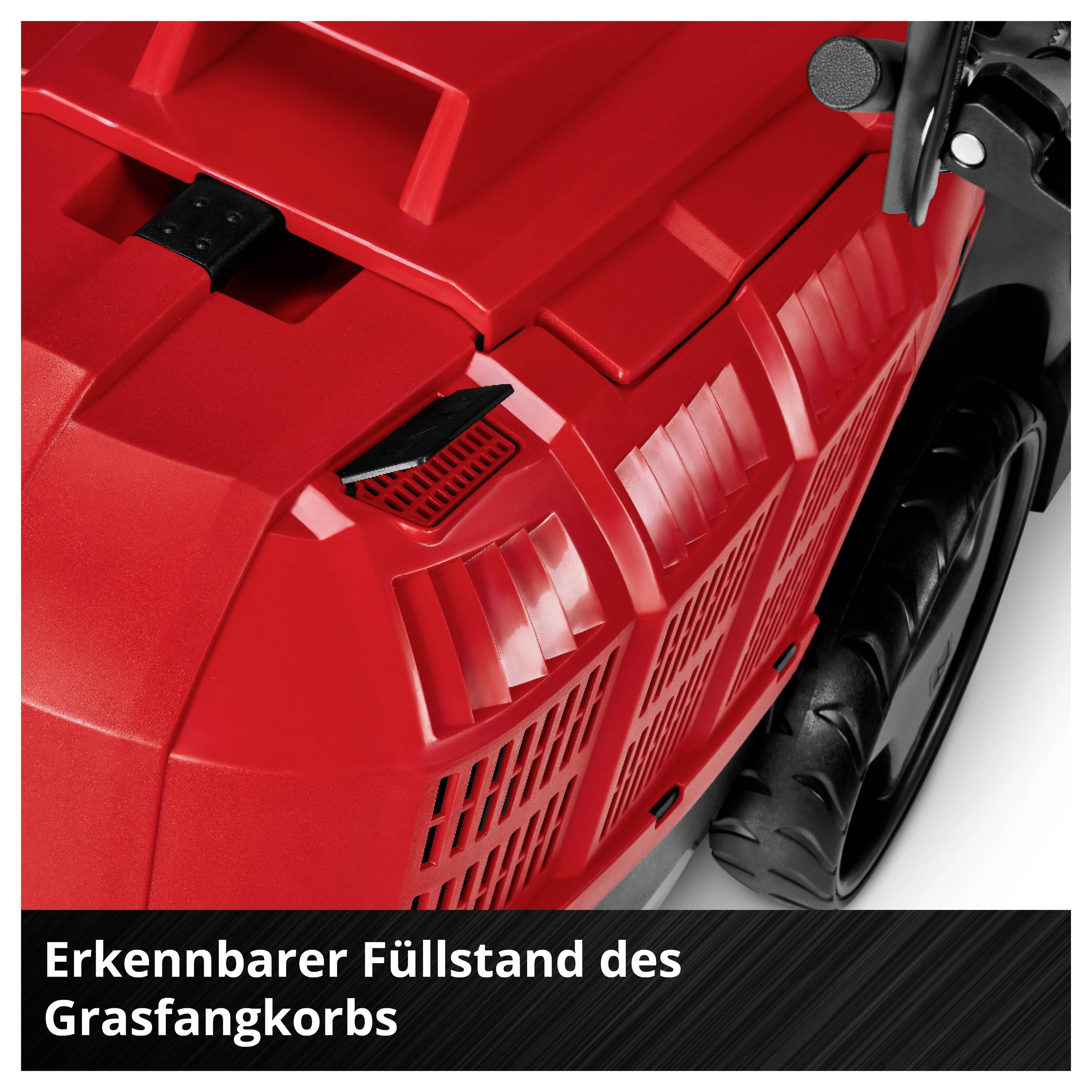 Roter Rasenmäher mit schwarzem Griff, teilweisem Blick auf den Grasfangkorb mit Text 'Erkennbarer Füllstand des Grasfangkorbs'.