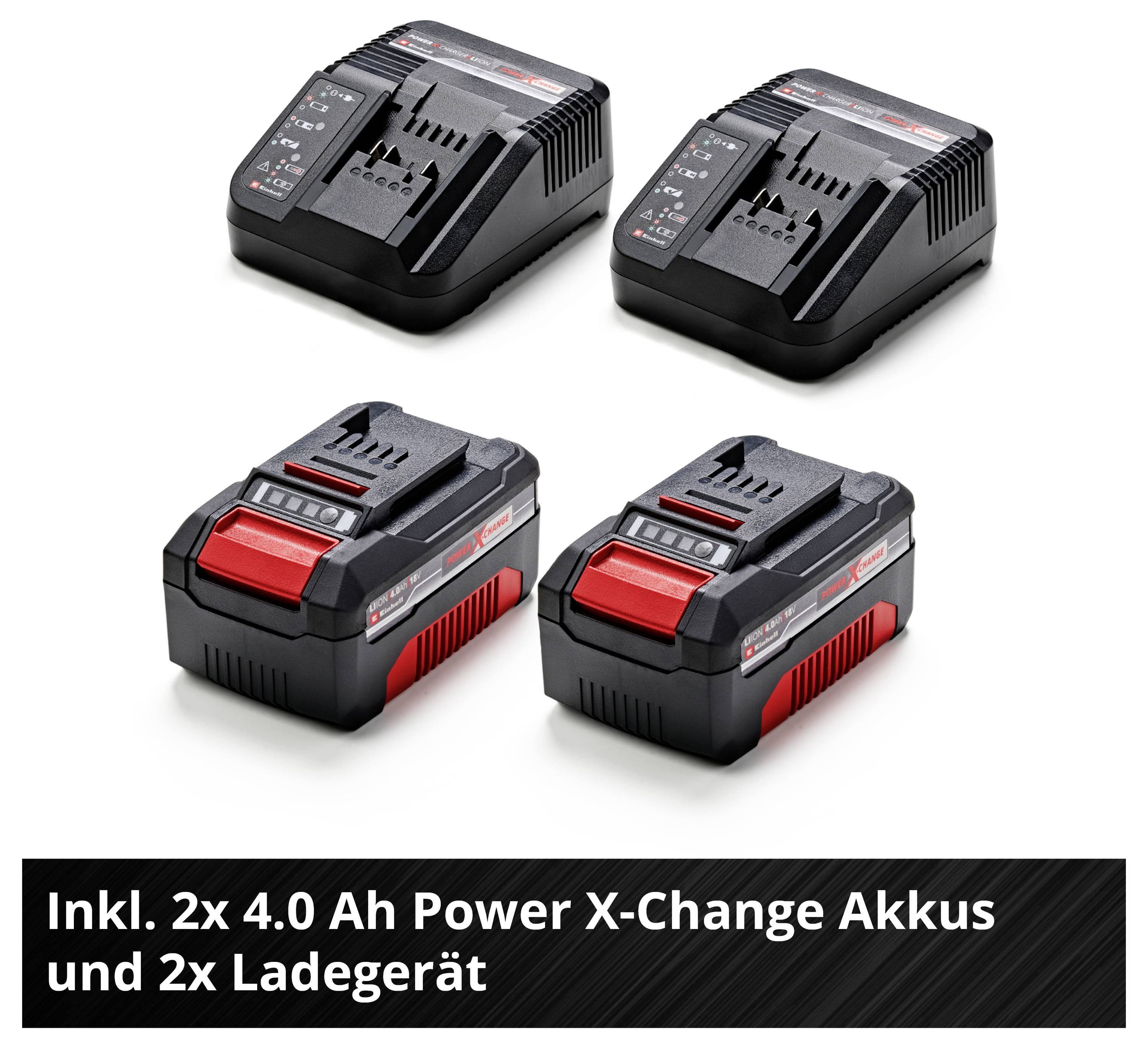 Zwei Ladegeräte und zwei 4.0 Ah Power X-Change Akkus. Text zeigt 'Inkl. 2x 4.0 Ah Power X-Change Akkus und 2x Ladegerät'.