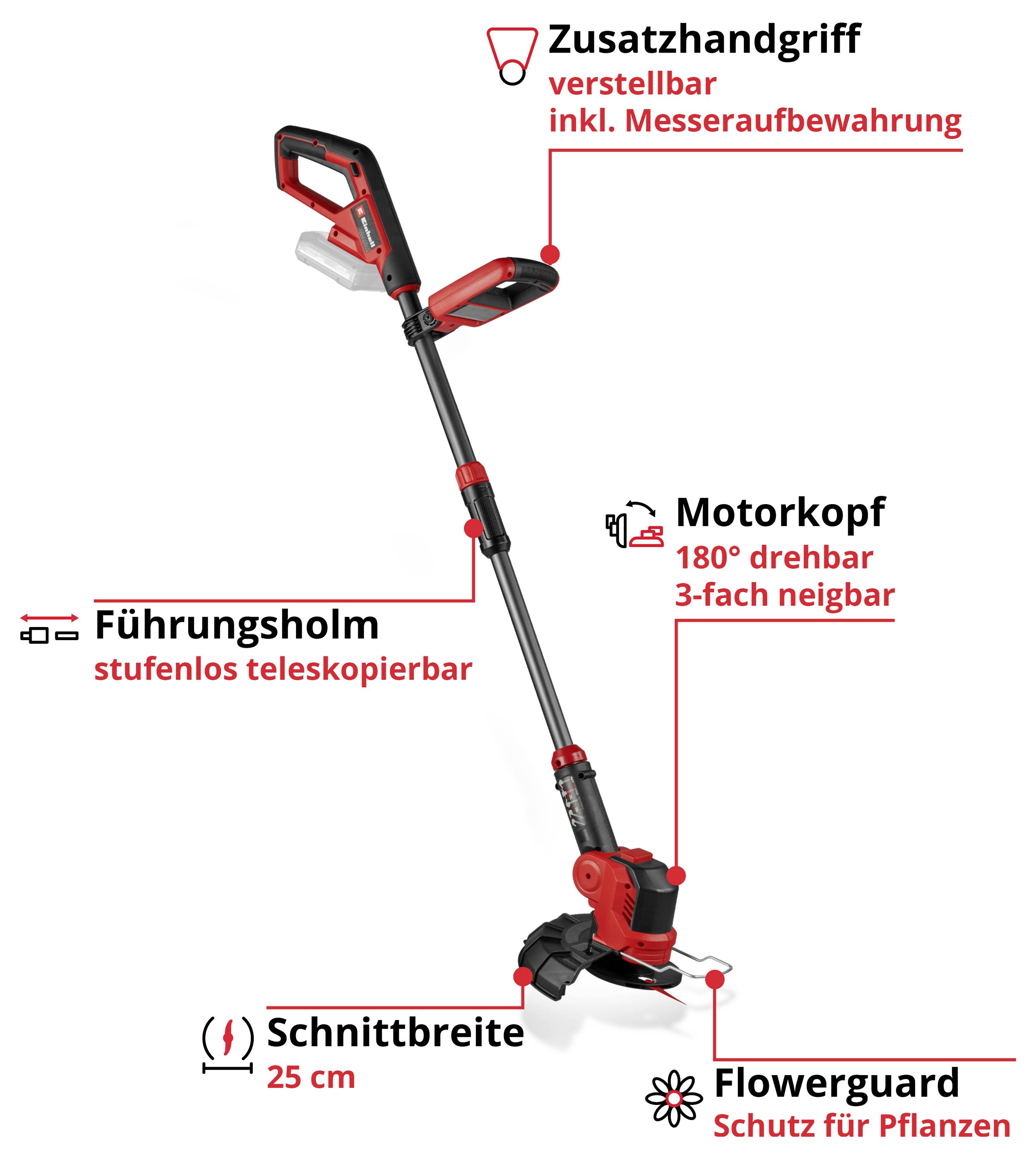 Elektro-Rasentrimmer mit verstellbarem Zusatzhandgriff, 180° drehbarem Motorkopf und Schutz für Pflanzen. Schnittbreite 25 cm.