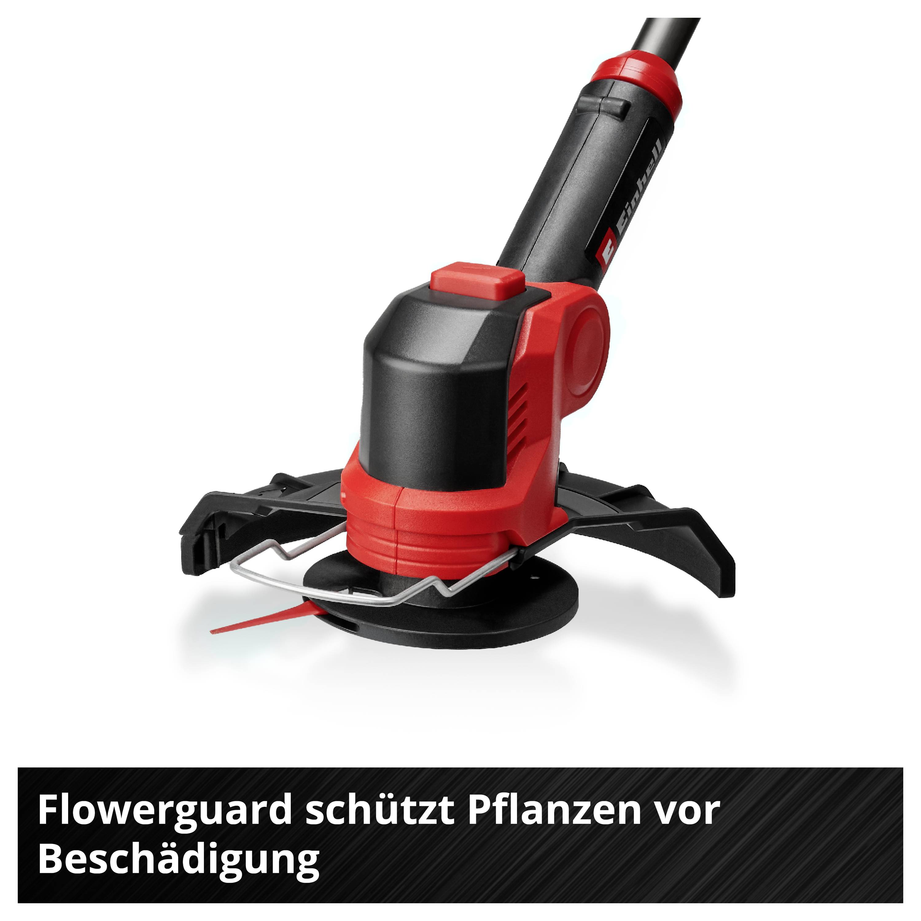 Ein elektrischer Rasentrimmer mit einem Schutzmechanismus, um Pflanzen vor Beschädigung zu schützen; Text: 'Flowerguard schützt Pflanzen vor Beschädigung'.