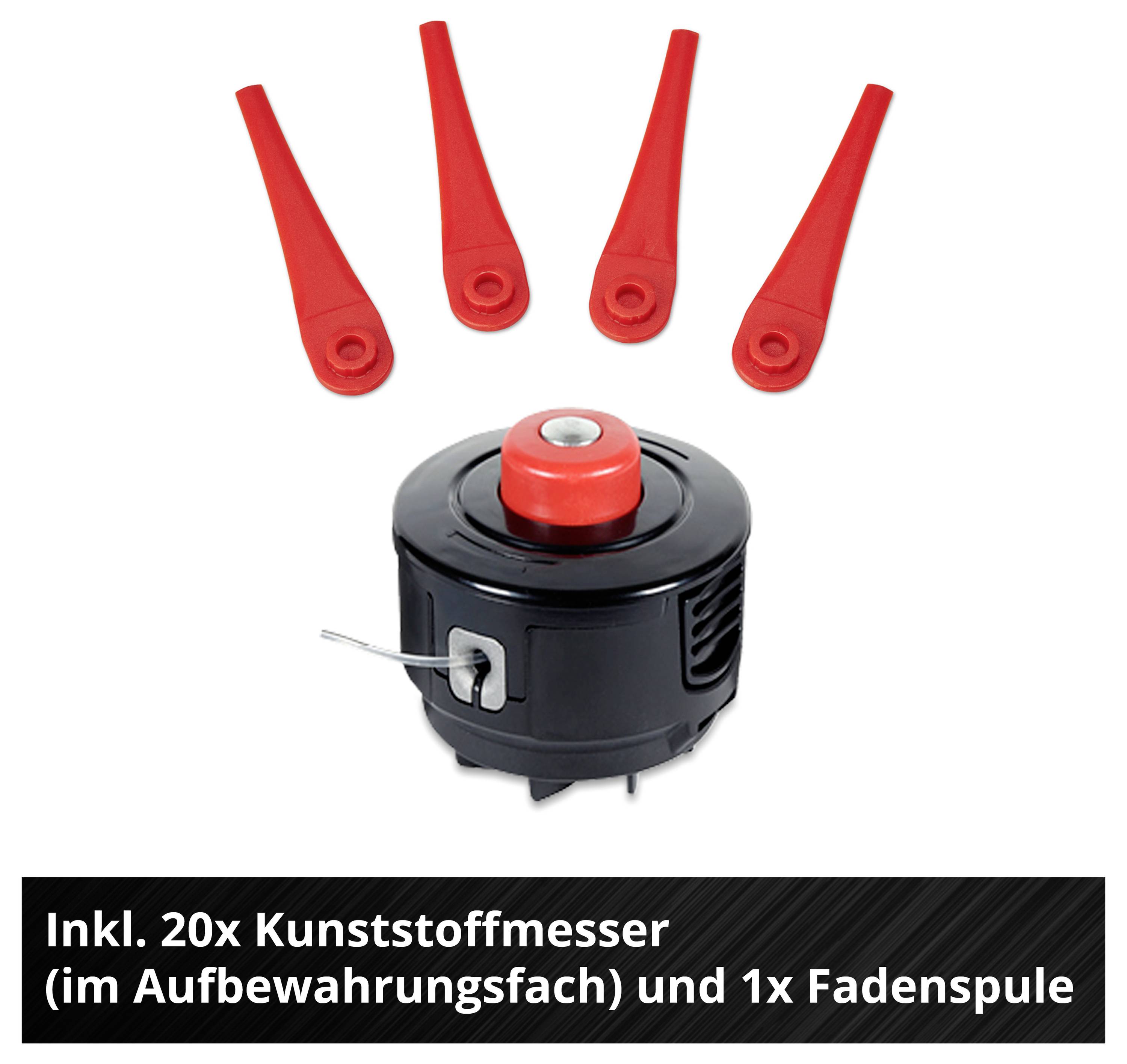 Ein schwarzer Trimmerkopf mit rotem Knopf, umgeben von 5 roten Kunststoffmessern. Text: 'Inkl. 20x Kunststoffmesser und 1x Fadenspule'.