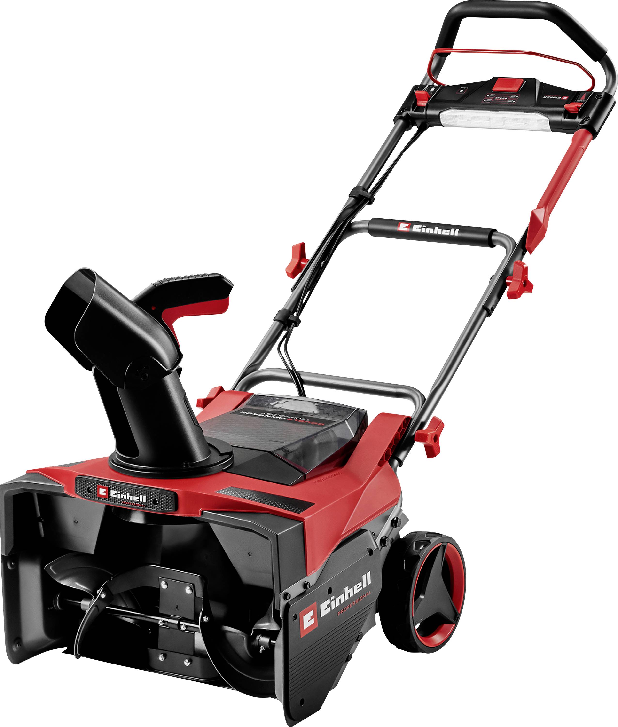 Ein roter und schwarzer elektrischer Schneefräser mit Griff, Auswurfschacht und Rädern, auf dessen Gehäuse und Griff das 'Einhell' Logo angebracht ist.