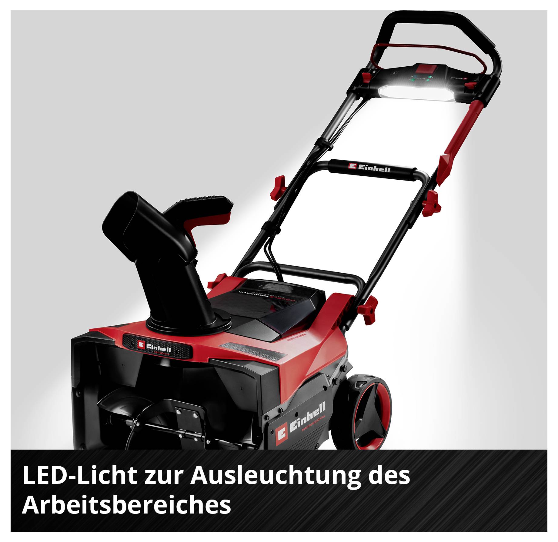Schneefräse mit LED-Licht zur Ausleuchtung des Arbeitsbereichs, in rotem und schwarzem Design.