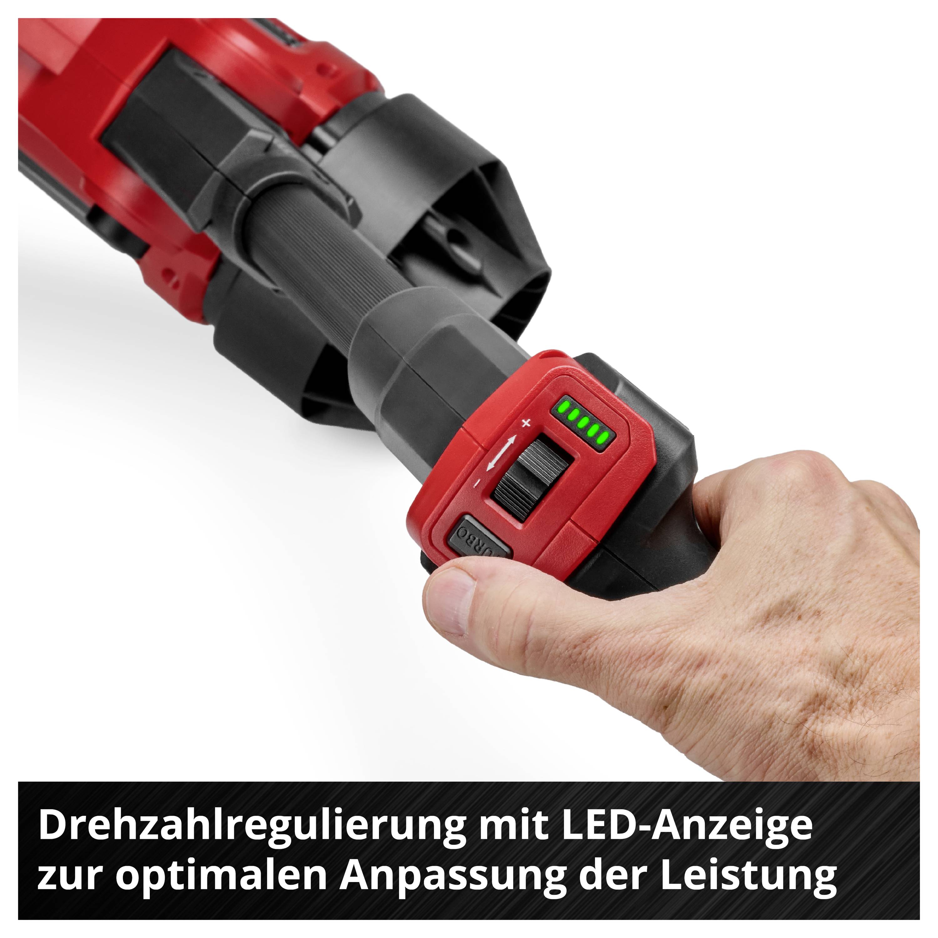 Hand hält Werkzeug mit Drehzahlregulierung. LED-Anzeige zeigt Leistungseinstellung. Text: 'Drehzahlregulierung mit LED-Anzeige zur optimalen Anpassung der Leistung'.