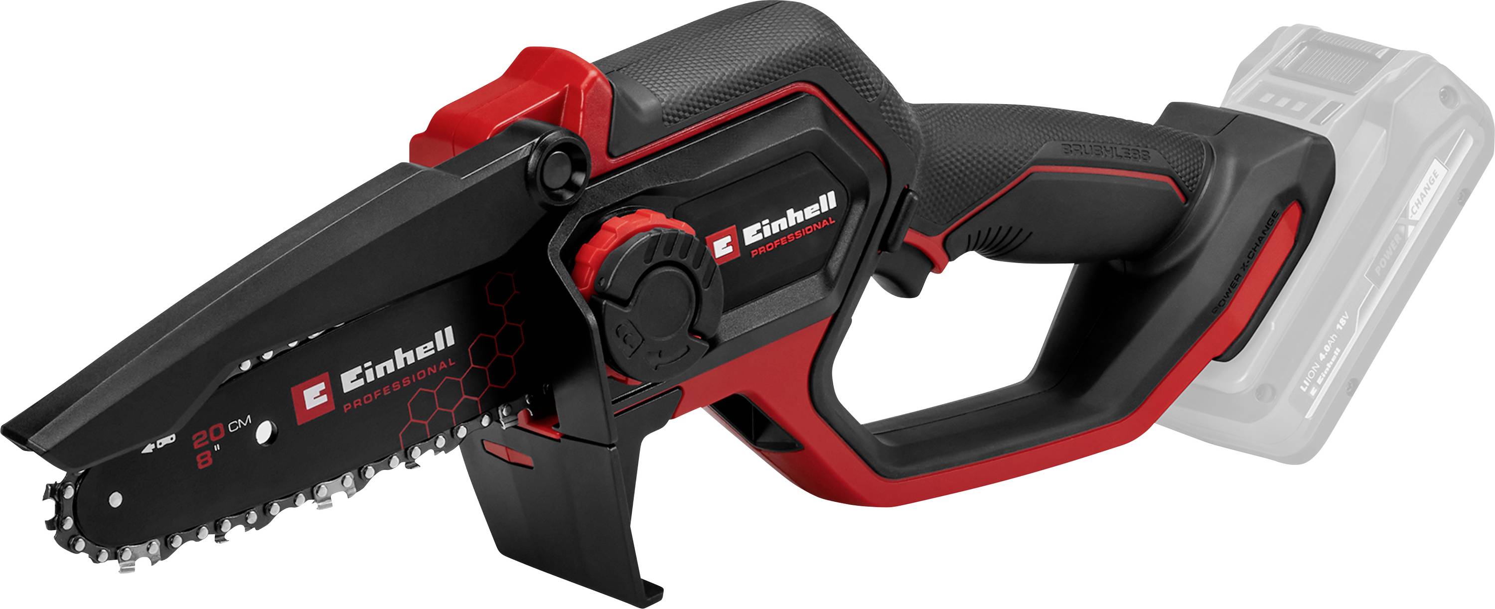 Akku-Handsäge mit schwarz-rotem Design und sichtbaren Zähnen, auf der Seite das Einhell-Markenlabel präsentierend.