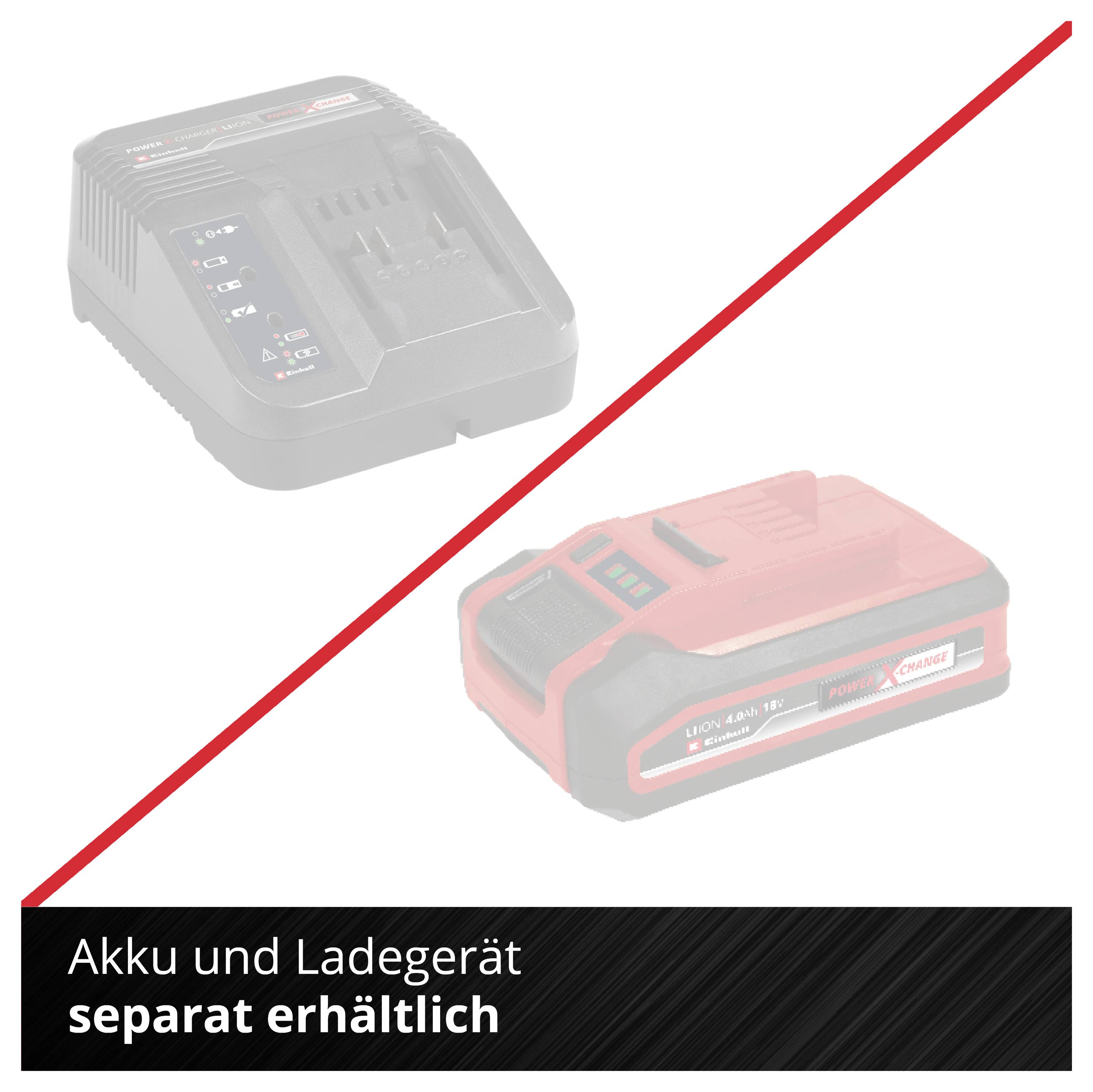 Abbildung zeigt ein Akku-Ladegerät und einen separaten Akku mit dem Hinweis 'Akku und Ladegerät separat erhältlich' in roter Schrift.