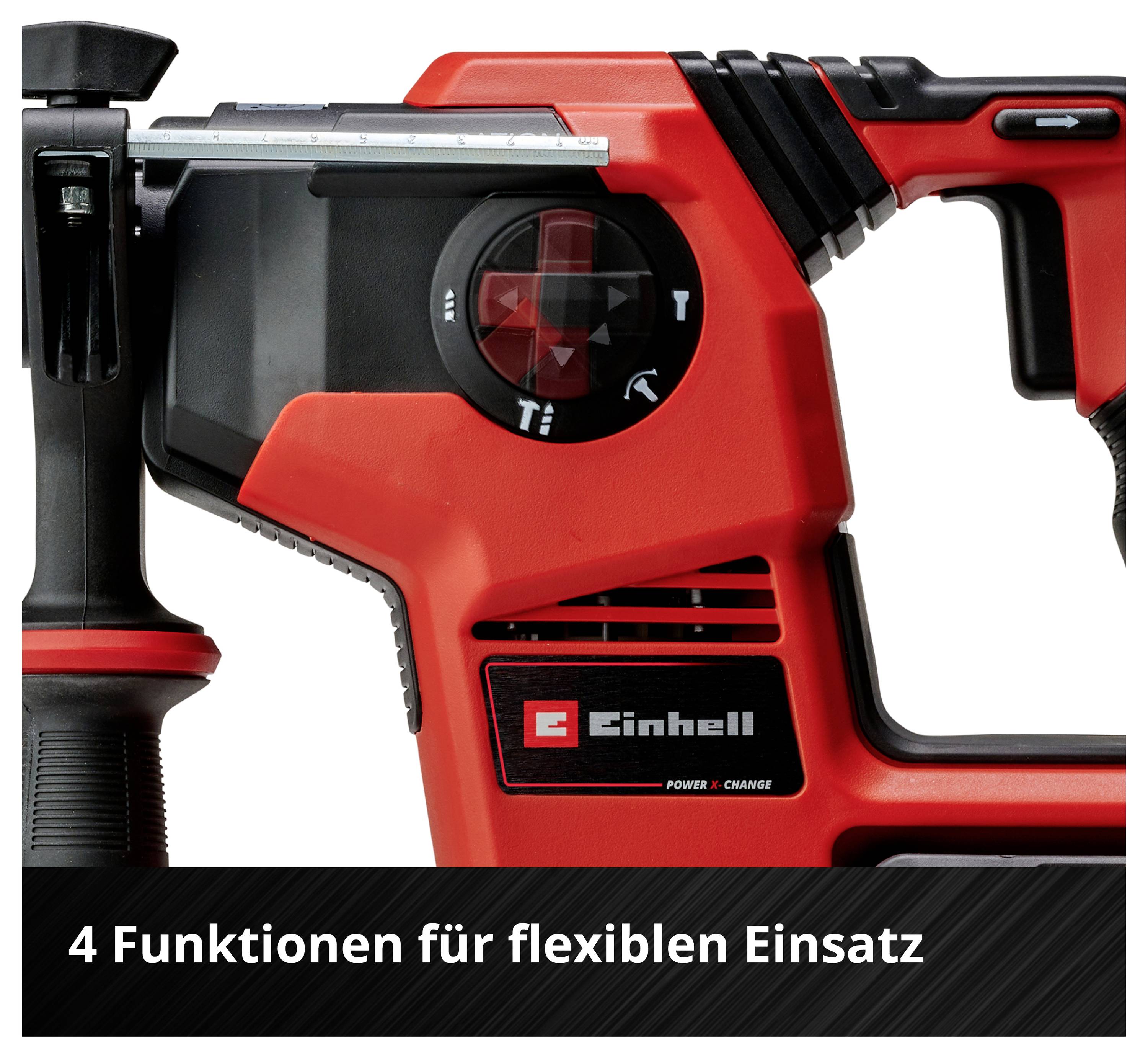 'Einhell' Multifunktionswerkzeug in Rot. Text: '4 Funktionen für flexiblen Einsatz'.