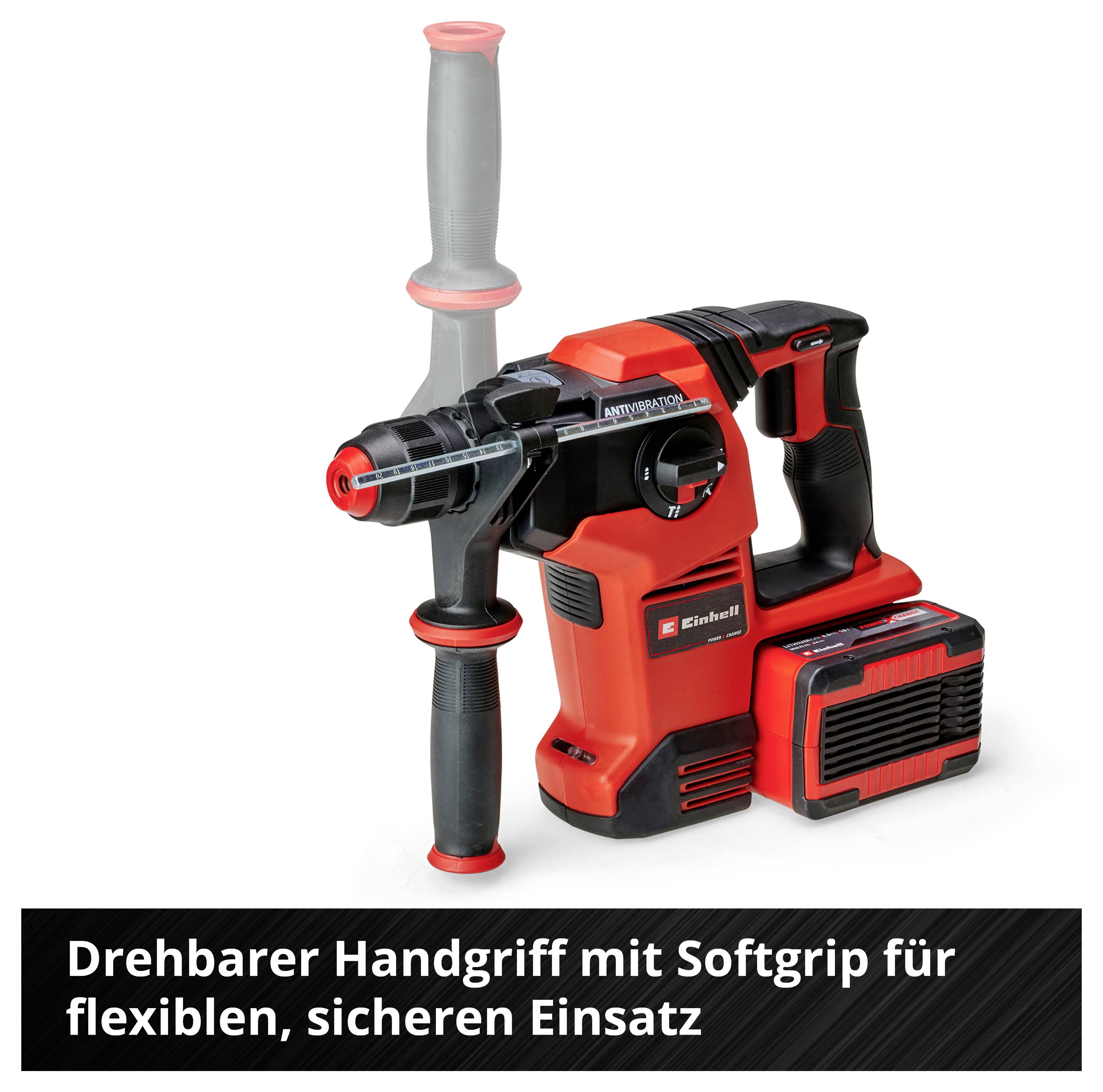 Drehbarer roter Bohrhammer mit Zusatzgriff und Akku. Text: 'Drehbarer Handgriff mit Softgrip für flexiblen, sicheren Einsatz'.