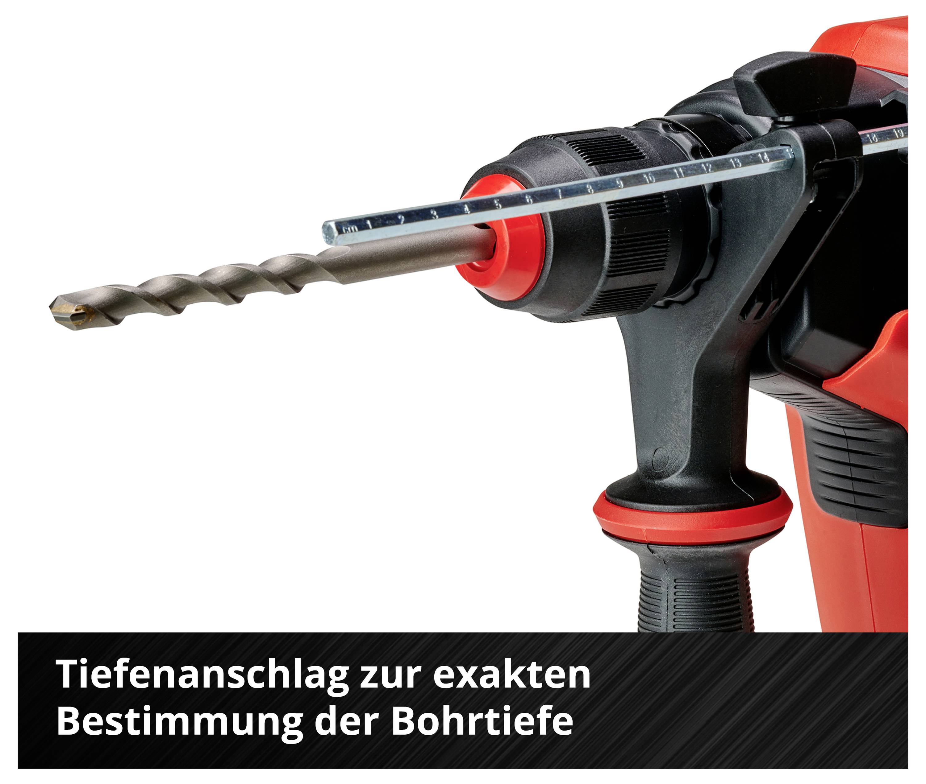 Roter Bohrhammer mit Tiefenanschlag zur präzisen Bestimmung der Bohrtiefe.