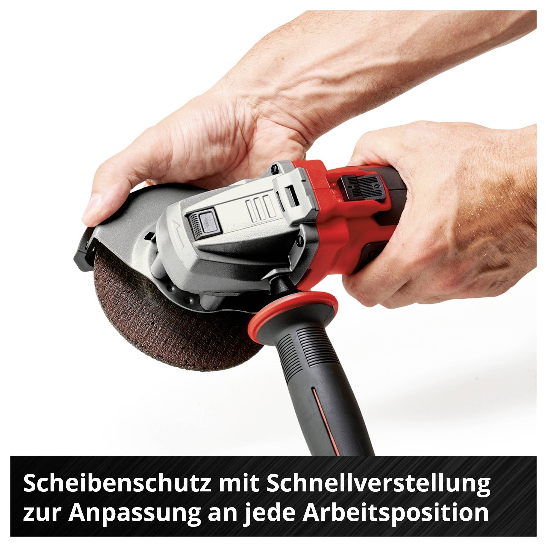 Eine Hand hält einen Winkelschleifer mit Schnellverstellung des Scheibenschutzes. Text: Scheibenschutz mit Schnellverstellung zur Anpassung an jede Arbeitsposition.