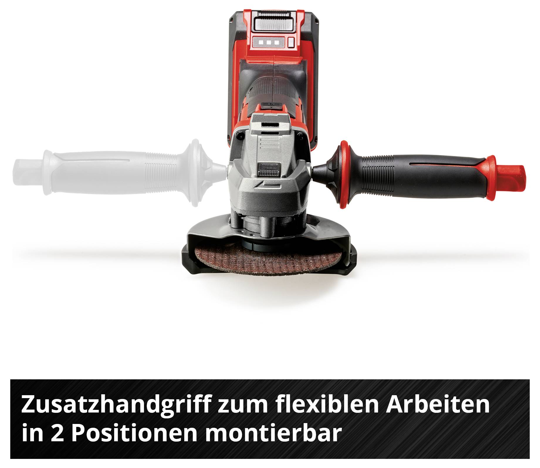 Elektrischer Winkelschleifer mit Zusatzhandgriff, der in zwei Positionen montierbar ist.