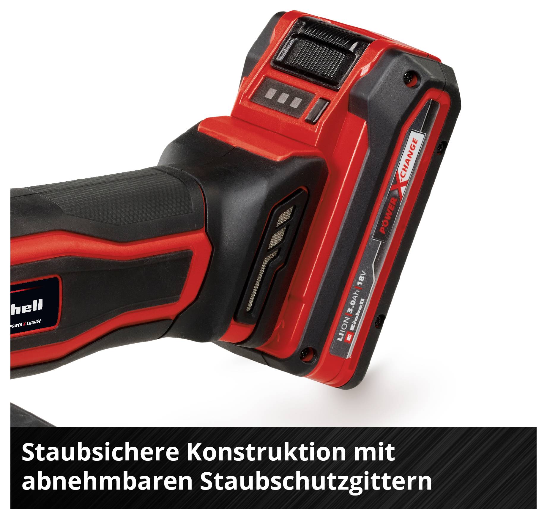 Akkuschrauber in schwarz-rot mit Staubschutzgittern und Aufschrift 'Power X-Change'.