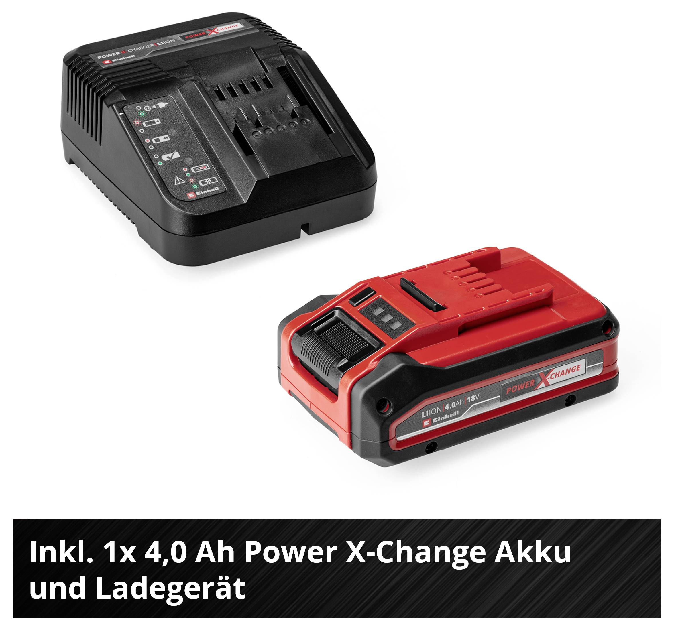 Ein Power X-Change Akku und Ladegerät Set bestehend aus einem 4,0 Ah Akku und einem passenden Ladegerät.