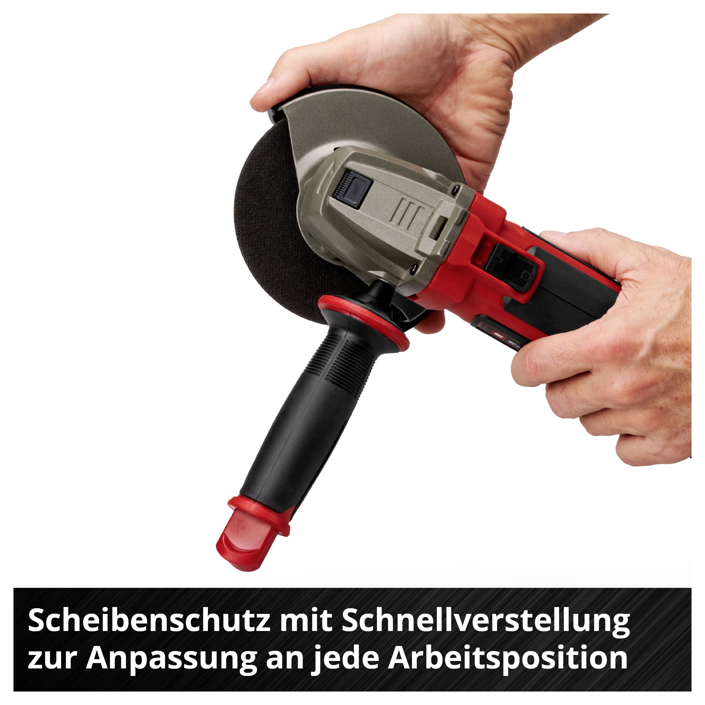 Hand hält eine Winkelschleifer, verstellbarer Scheibenschutz und Griff, Text: 'Scheibenschutz mit Schnellverstellung zur Anpassung an jede Arbeitsposition'.