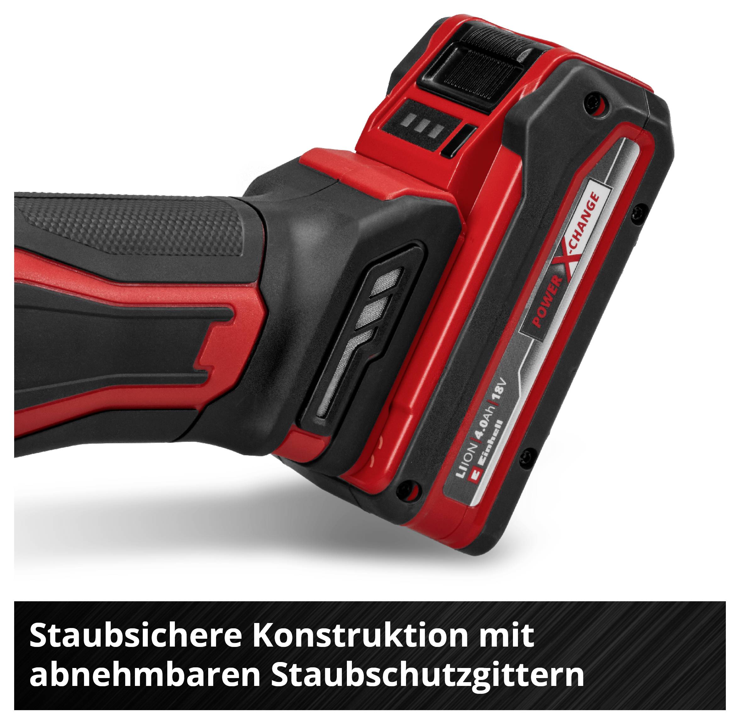 Ein roter Akku-Bohrschrauber mit 'Power X-Change' Technologie. Text beschreibt staubsichere Konstruktion mit abnehmbaren Schutzgittern.